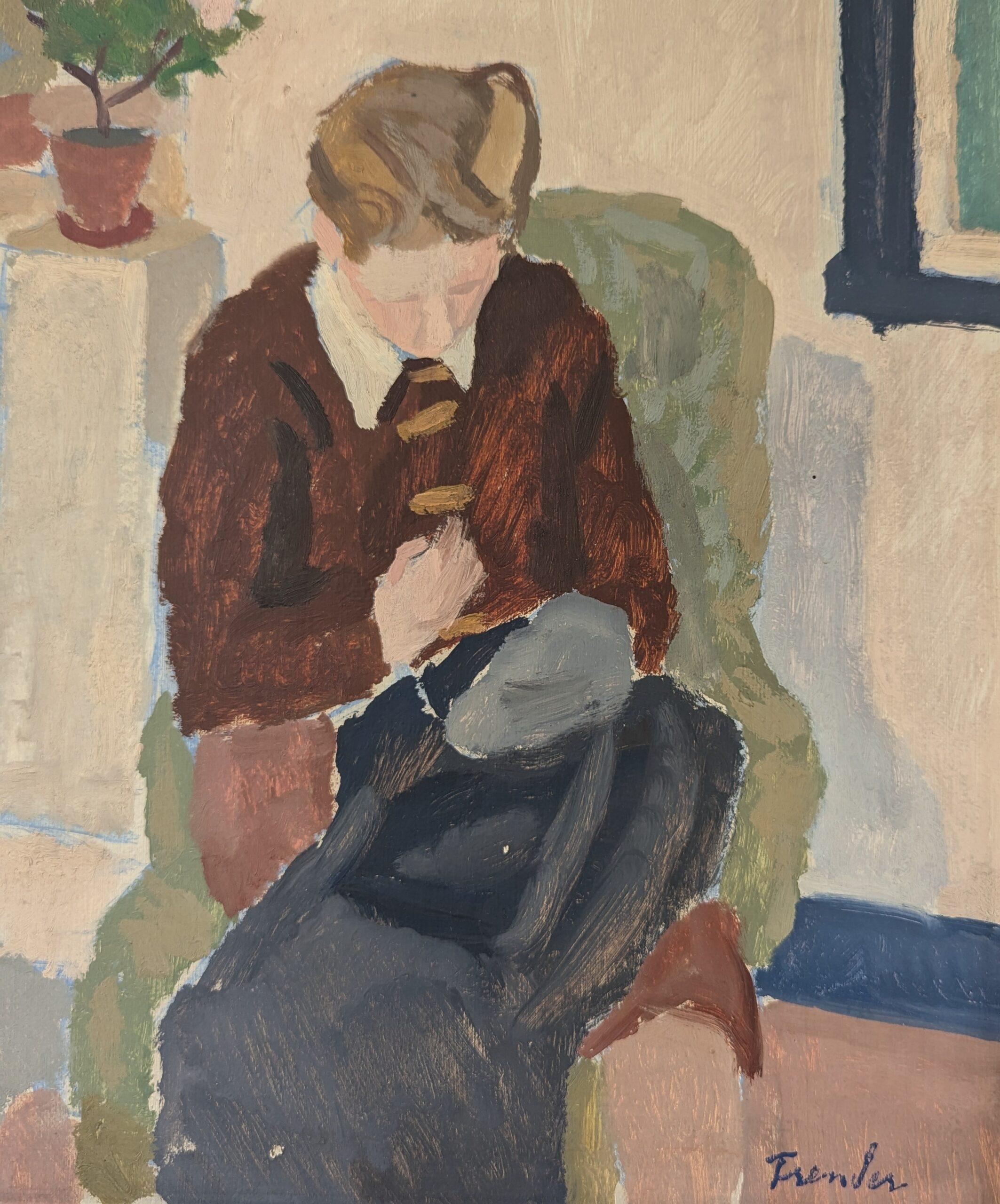 Retrato al óleo sueco moderno de mediados de siglo - 