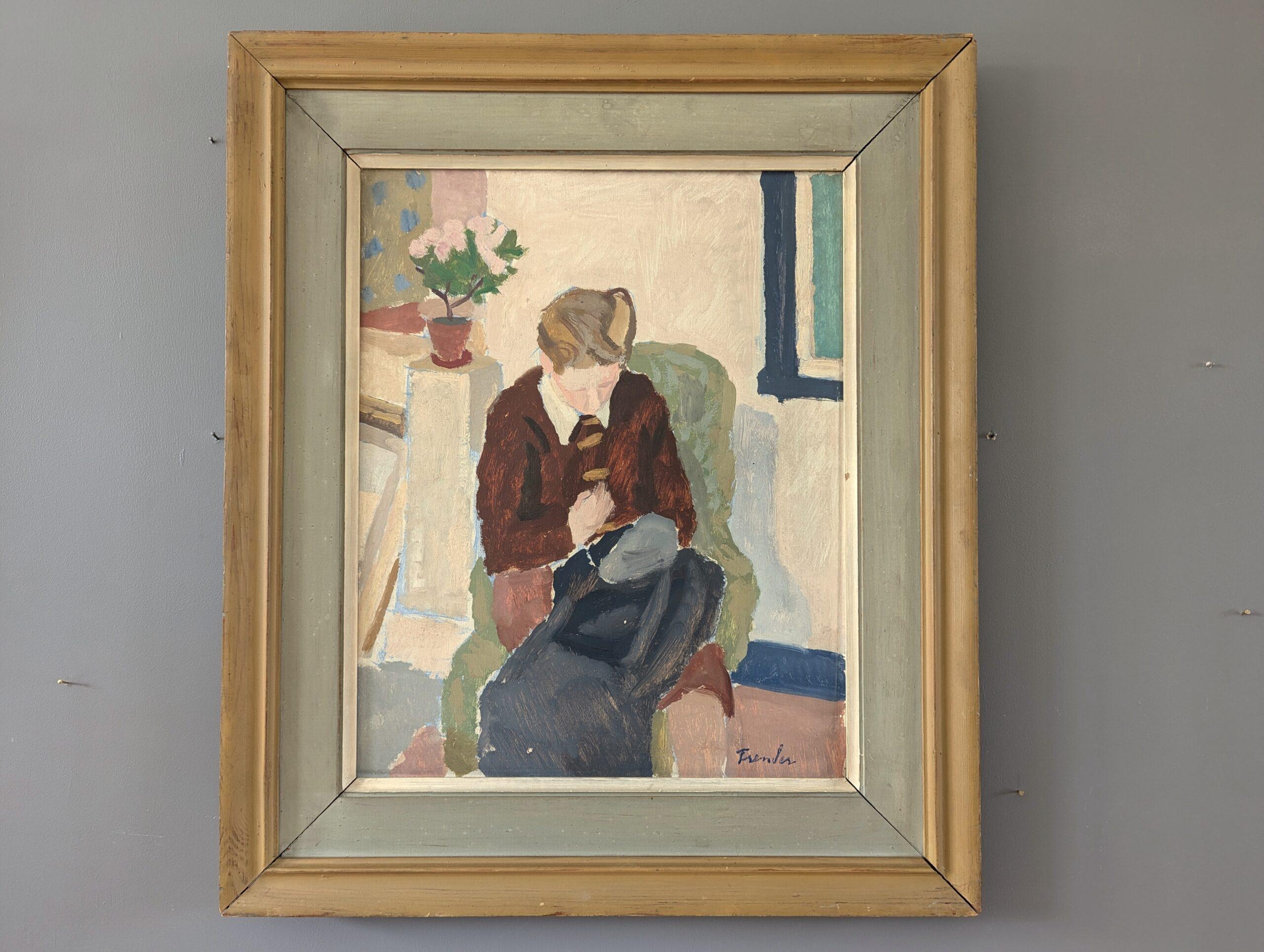 Retrato al óleo sueco moderno de mediados de siglo - 