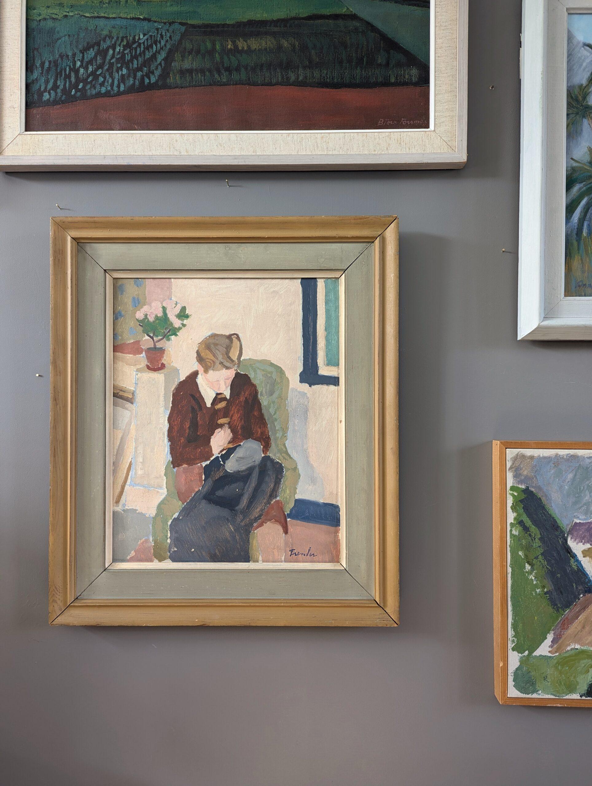 Retrato al óleo sueco moderno de mediados de siglo - 