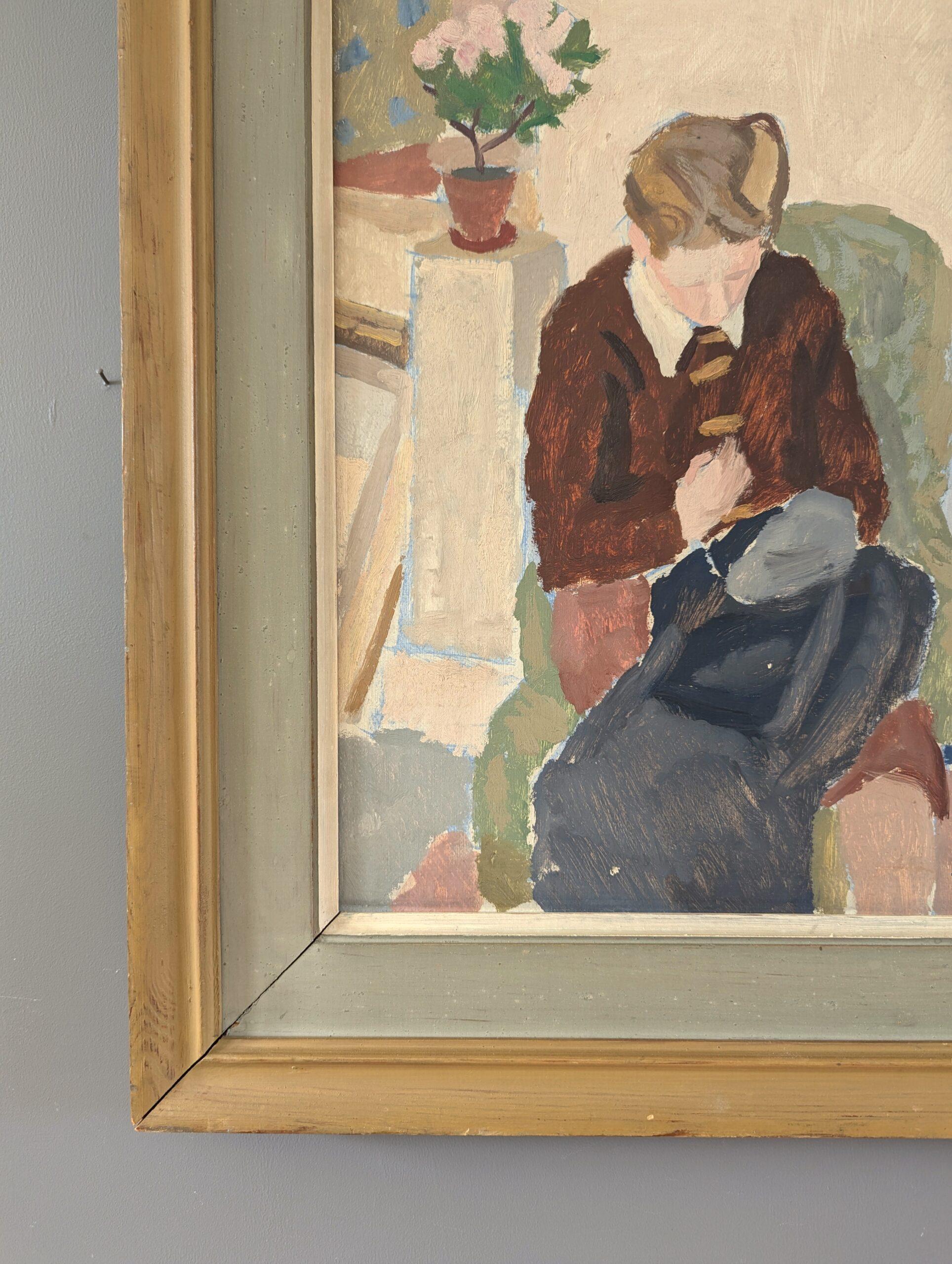 Retrato al óleo sueco moderno de mediados de siglo - 