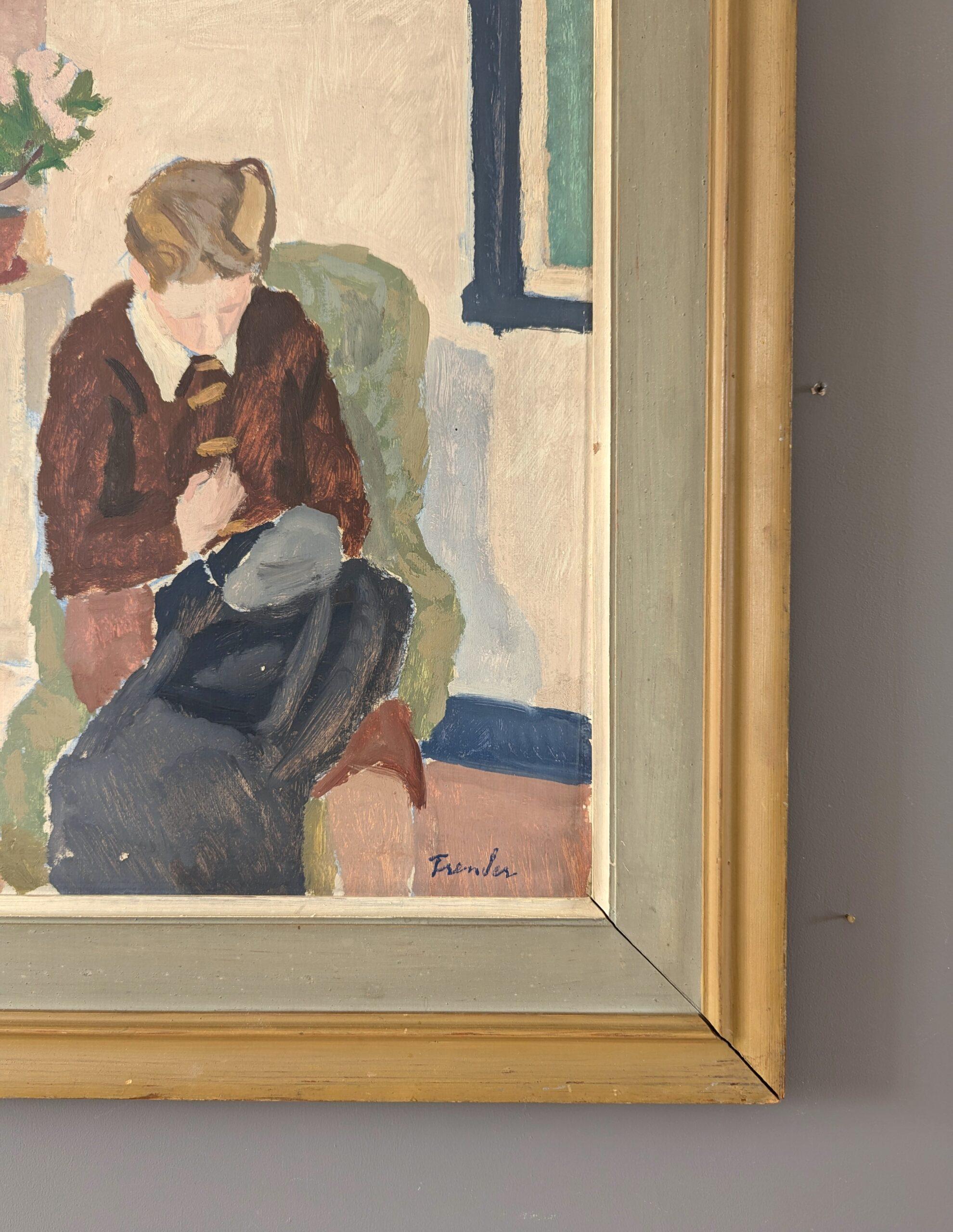 Retrato al óleo sueco moderno de mediados de siglo - 