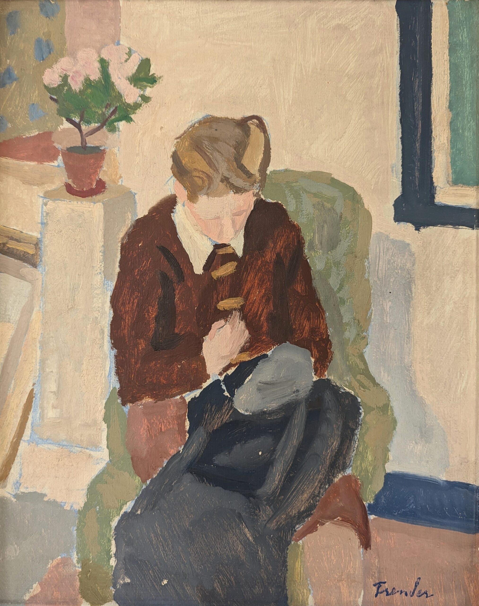 Retrato al óleo sueco moderno de mediados de siglo - 