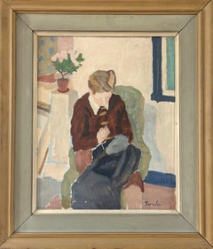 Retrato al óleo sueco moderno de mediados de siglo - "Tejiendo en casa
