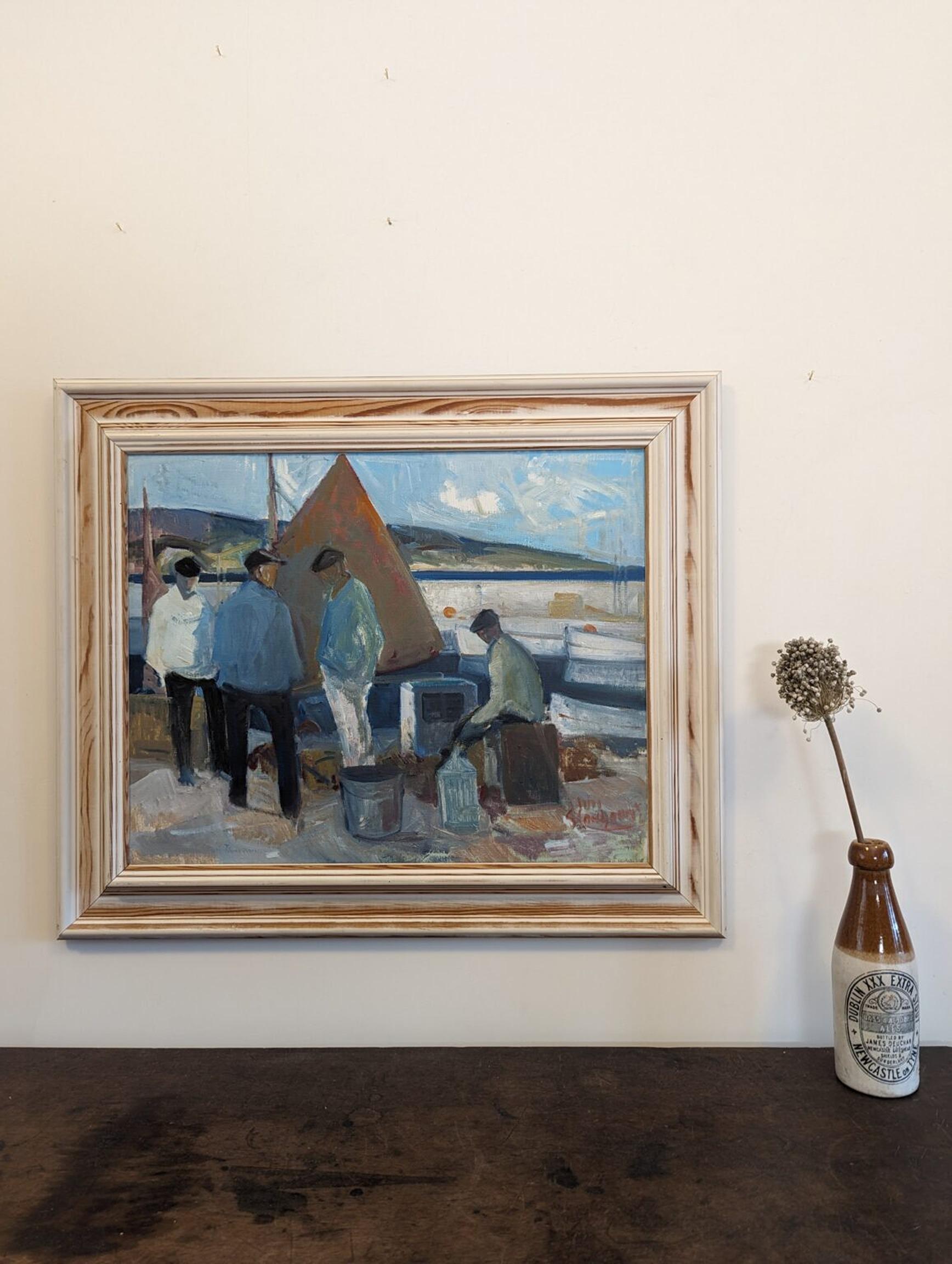 Vintage By Mid-Century Modern Swedish Seascape Framed Oil Painting - By the Boats 10