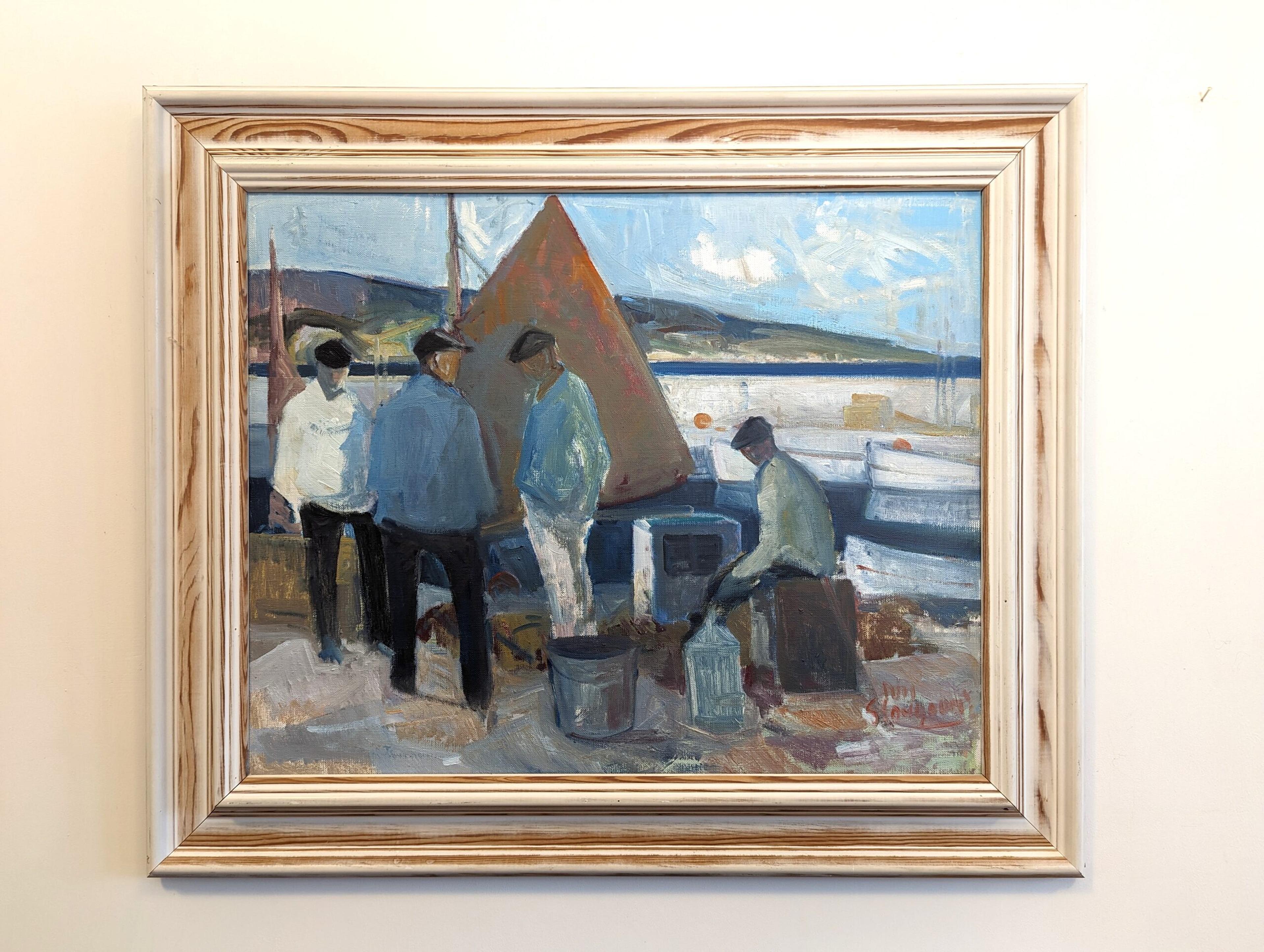 Vintage By Mid-Century Modern Swedish Seascape Framed Oil Painting - By the Boats - Landscape Painting Marrone di Unknown