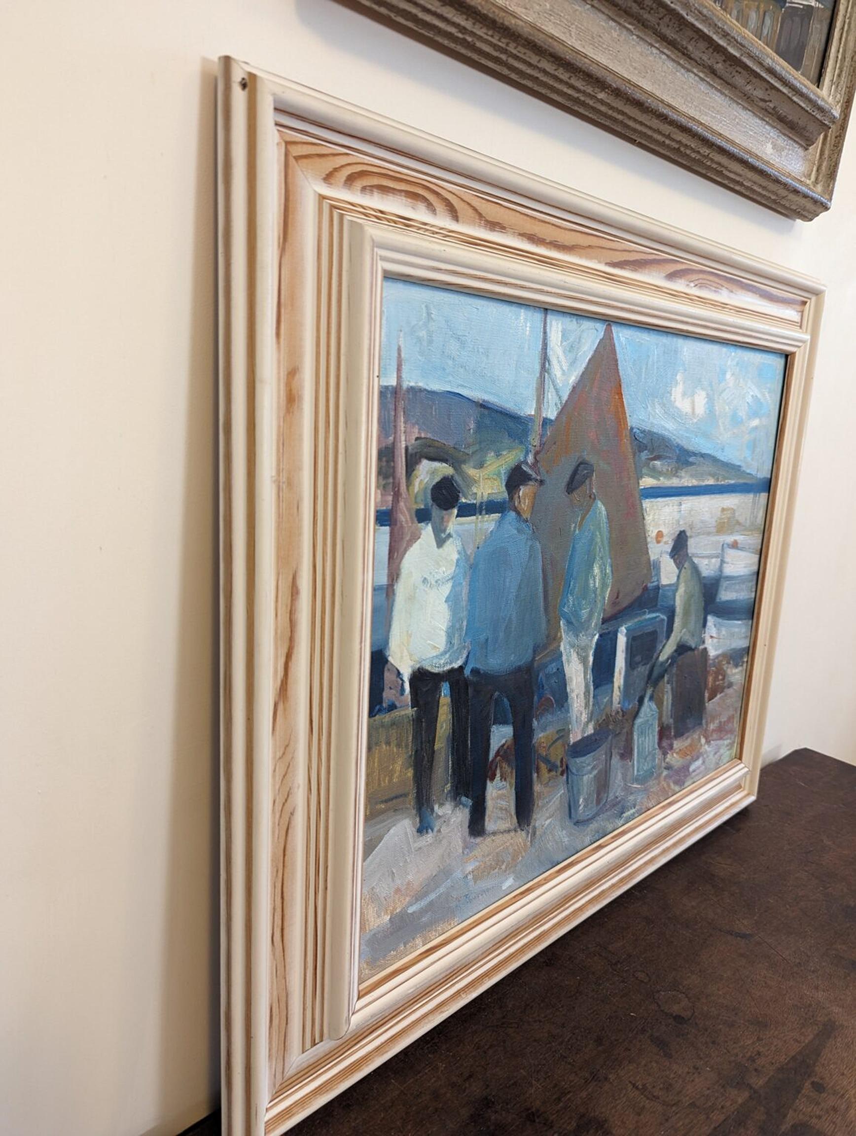 BY THE BOATS
Size: 54 x 64 cm (including frame)
Oil on Canvas

A brilliantly executed mid century modernist composition in oil, painted onto canvas.

In this scene we see a group of fishermen around their boats by the docks. They appear to be