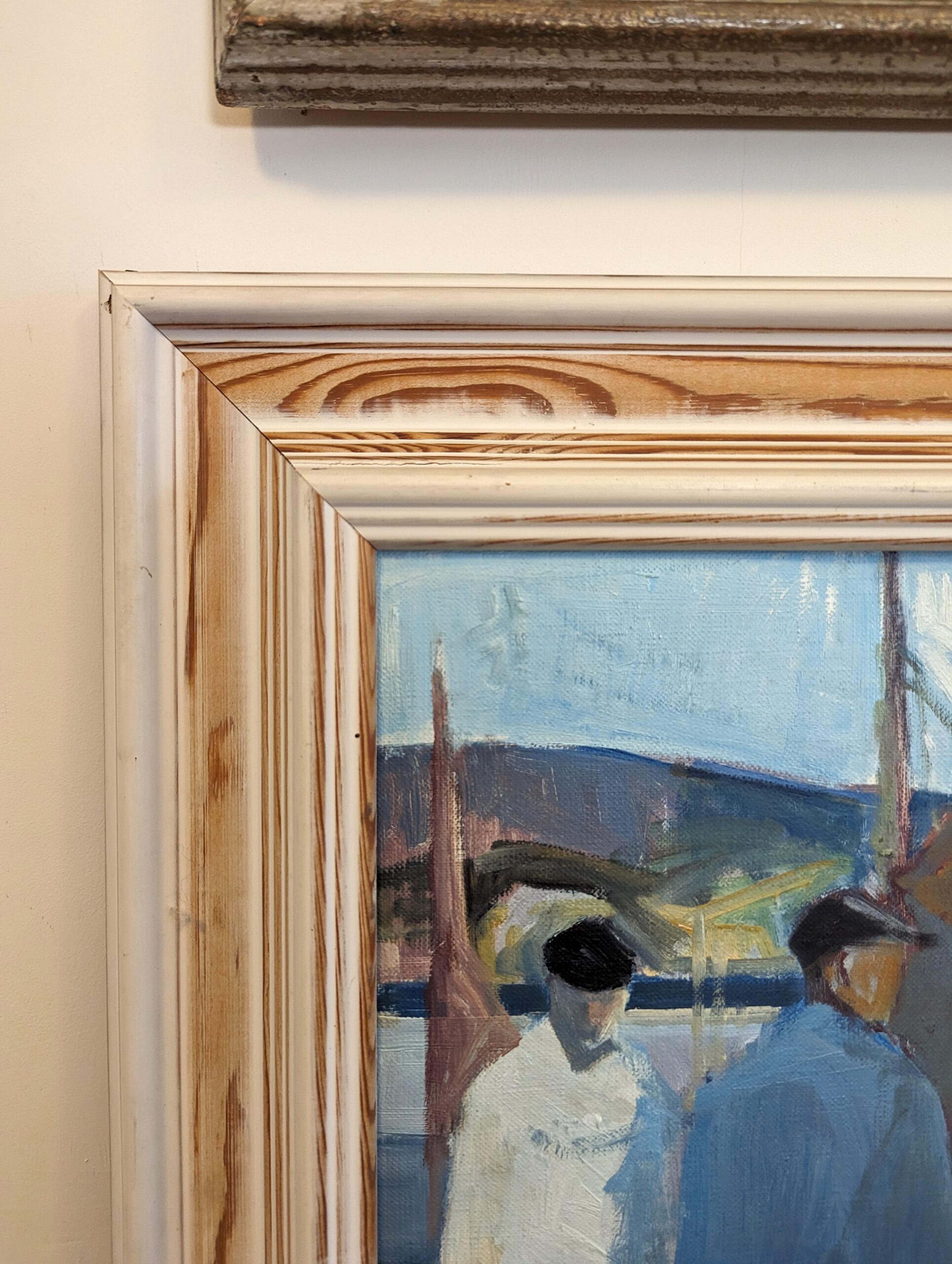 Vintage By Mid-Century Modern Swedish Seascape Framed Oil Painting - By the Boats 2