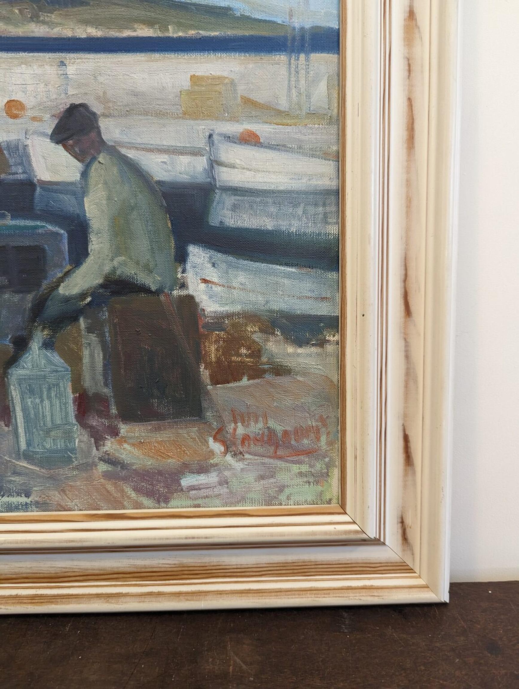 Vintage By Mid-Century Modern Swedish Seascape Framed Oil Painting - By the Boats 4
