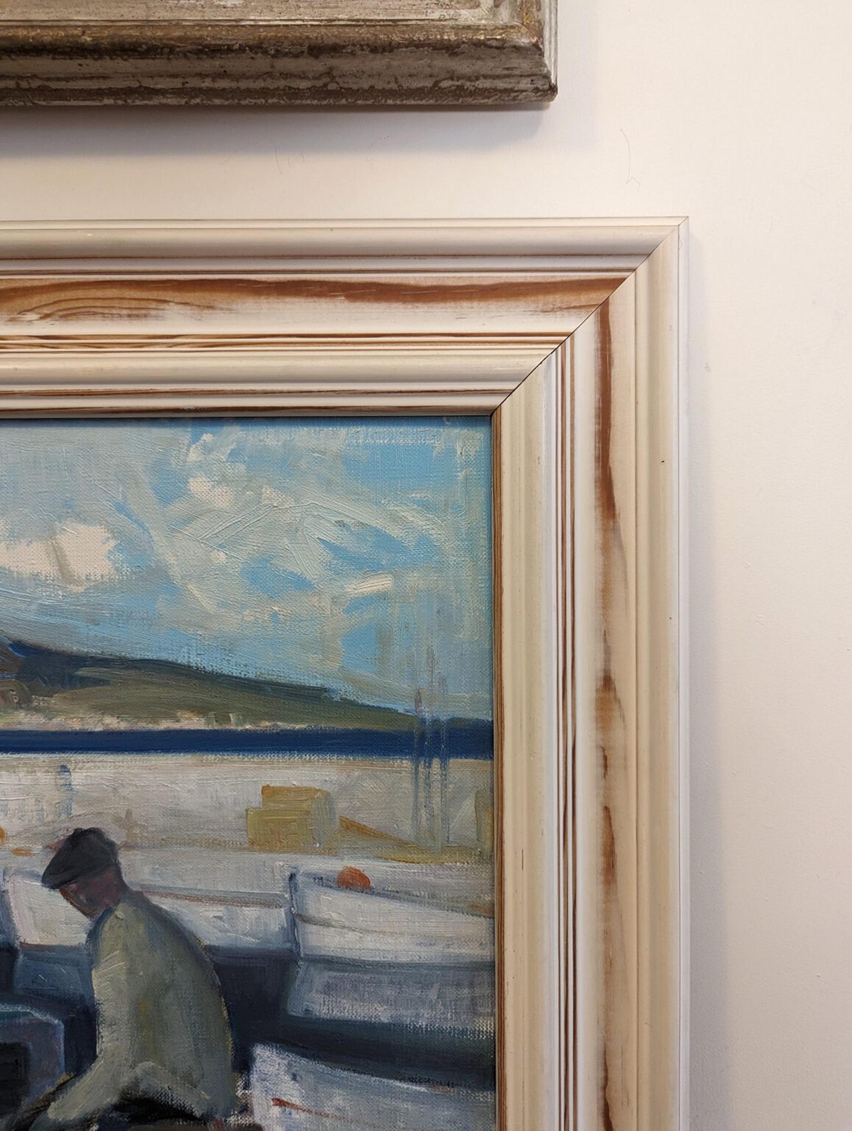 Vintage By Mid-Century Modern Swedish Seascape Framed Oil Painting - By the Boats 5