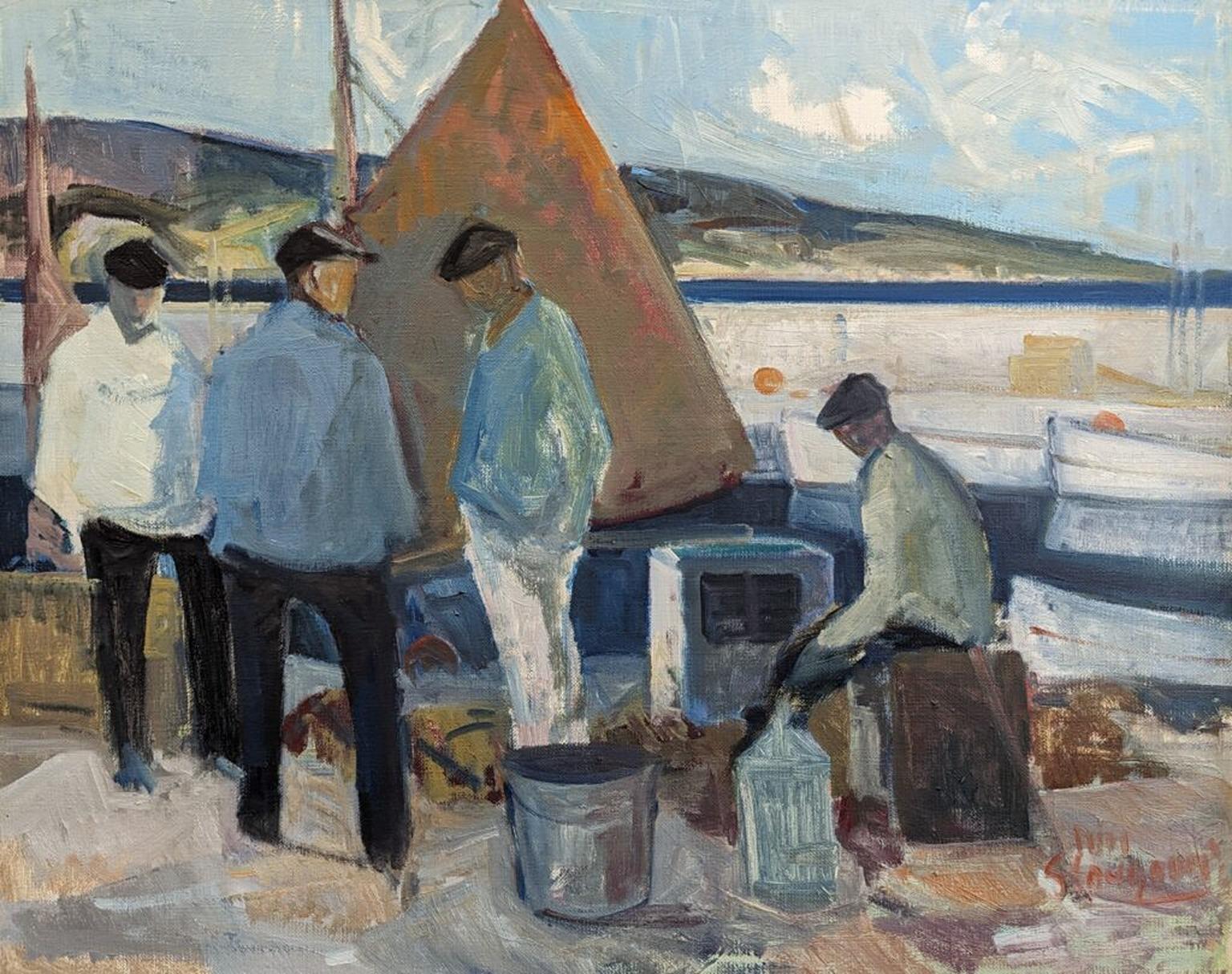 Vintage By Mid-Century Modern Swedish Seascape Framed Oil Painting - By the Boats 6