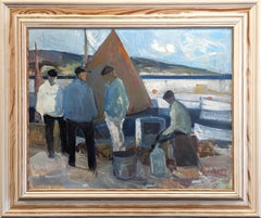 Peinture à l'huile suédoise encadrée de style moderne du milieu du siècle dernier - Par les bateaux