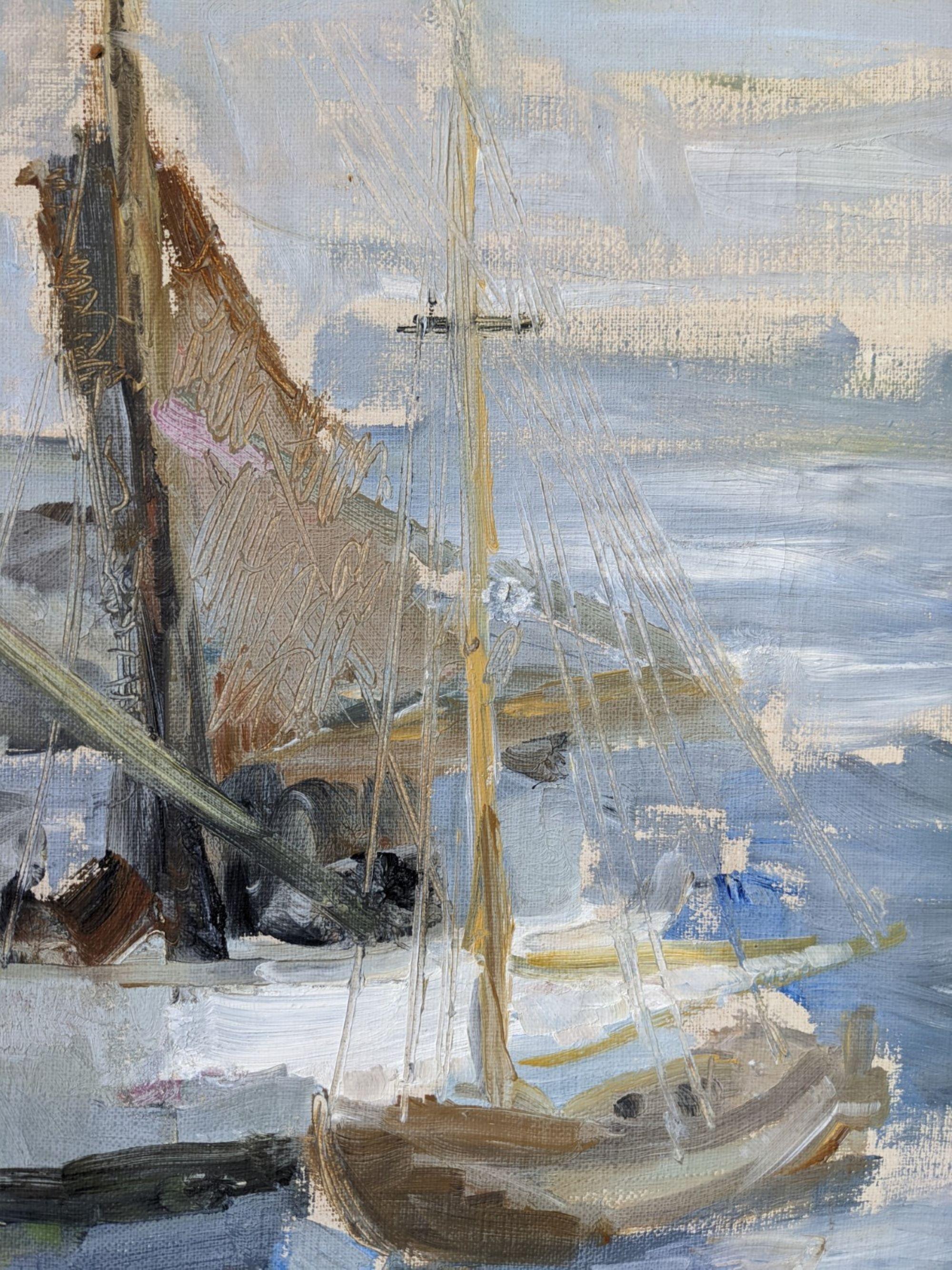 Pittura ad olio svedese vintage di metà secolo - Arcipelago di barche 6