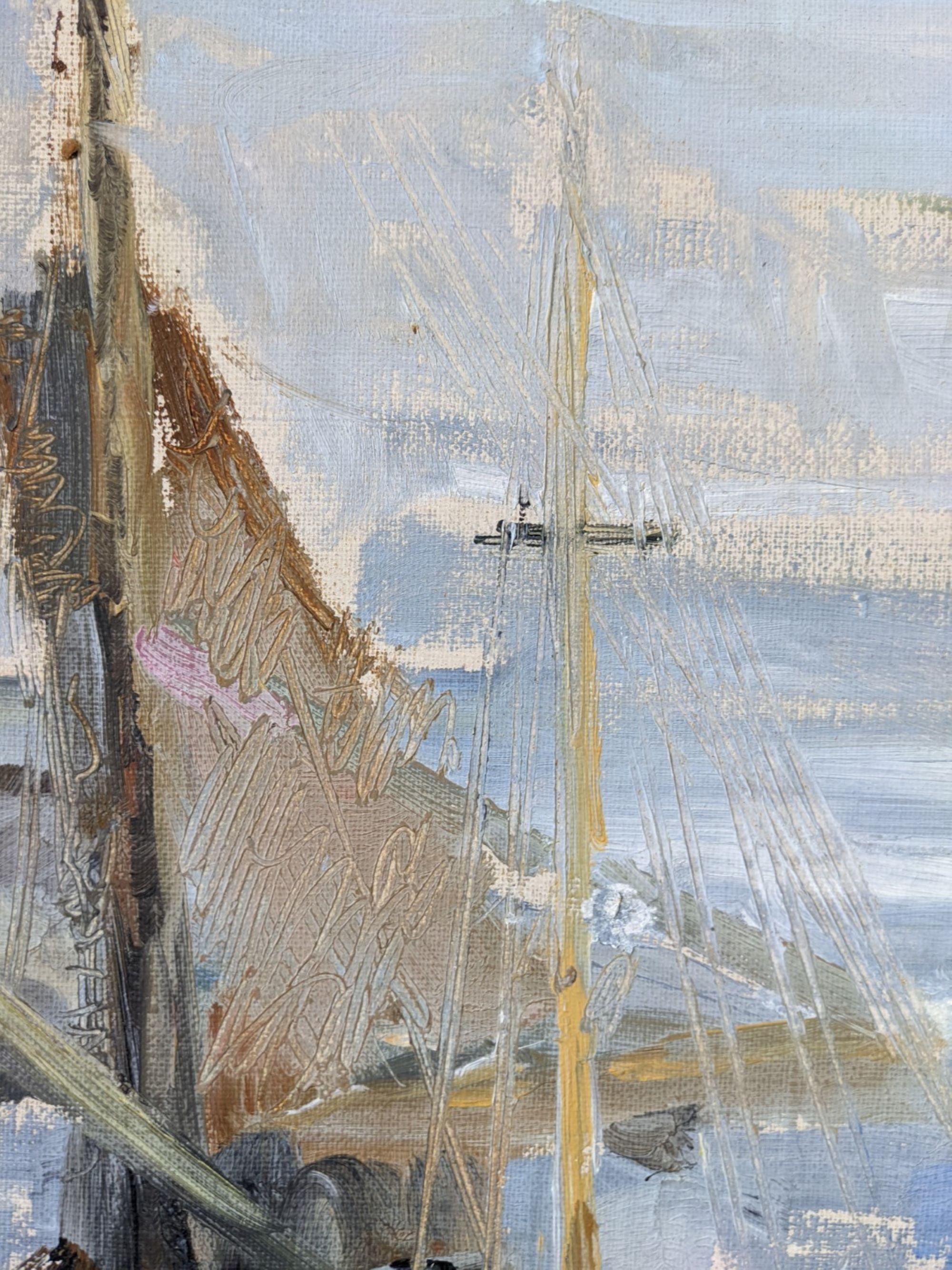 Pittura ad olio svedese vintage di metà secolo - Arcipelago di barche 7