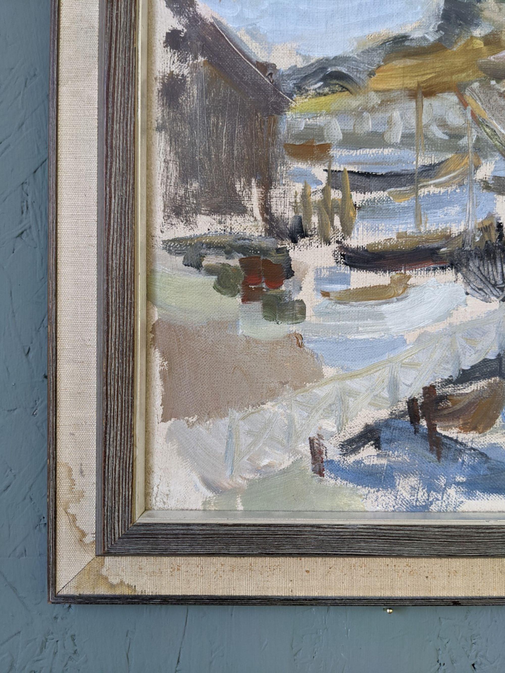Pittura ad olio svedese vintage di metà secolo - Arcipelago di barche 8
