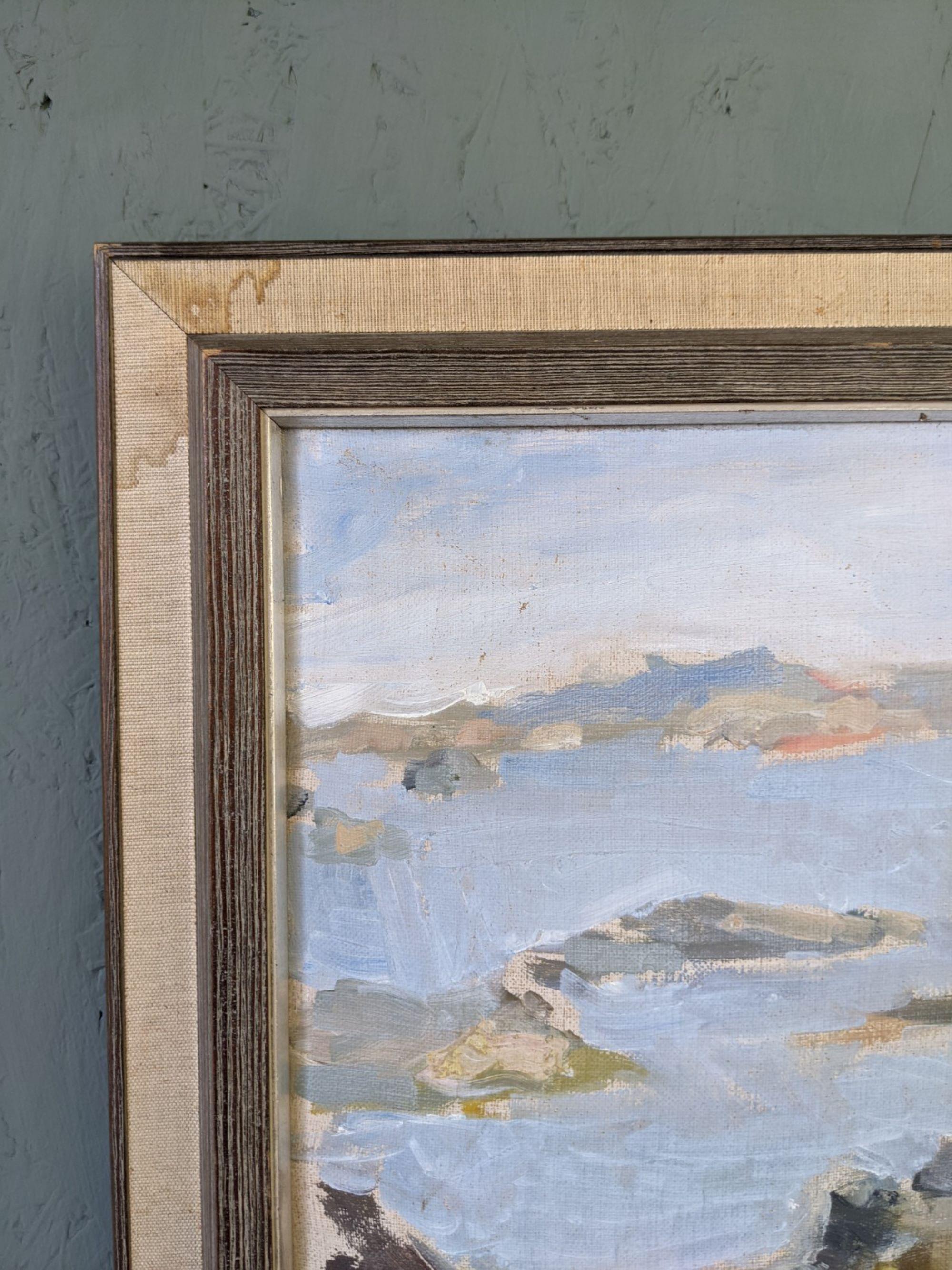 Pittura ad olio svedese vintage di metà secolo - Arcipelago di barche 9