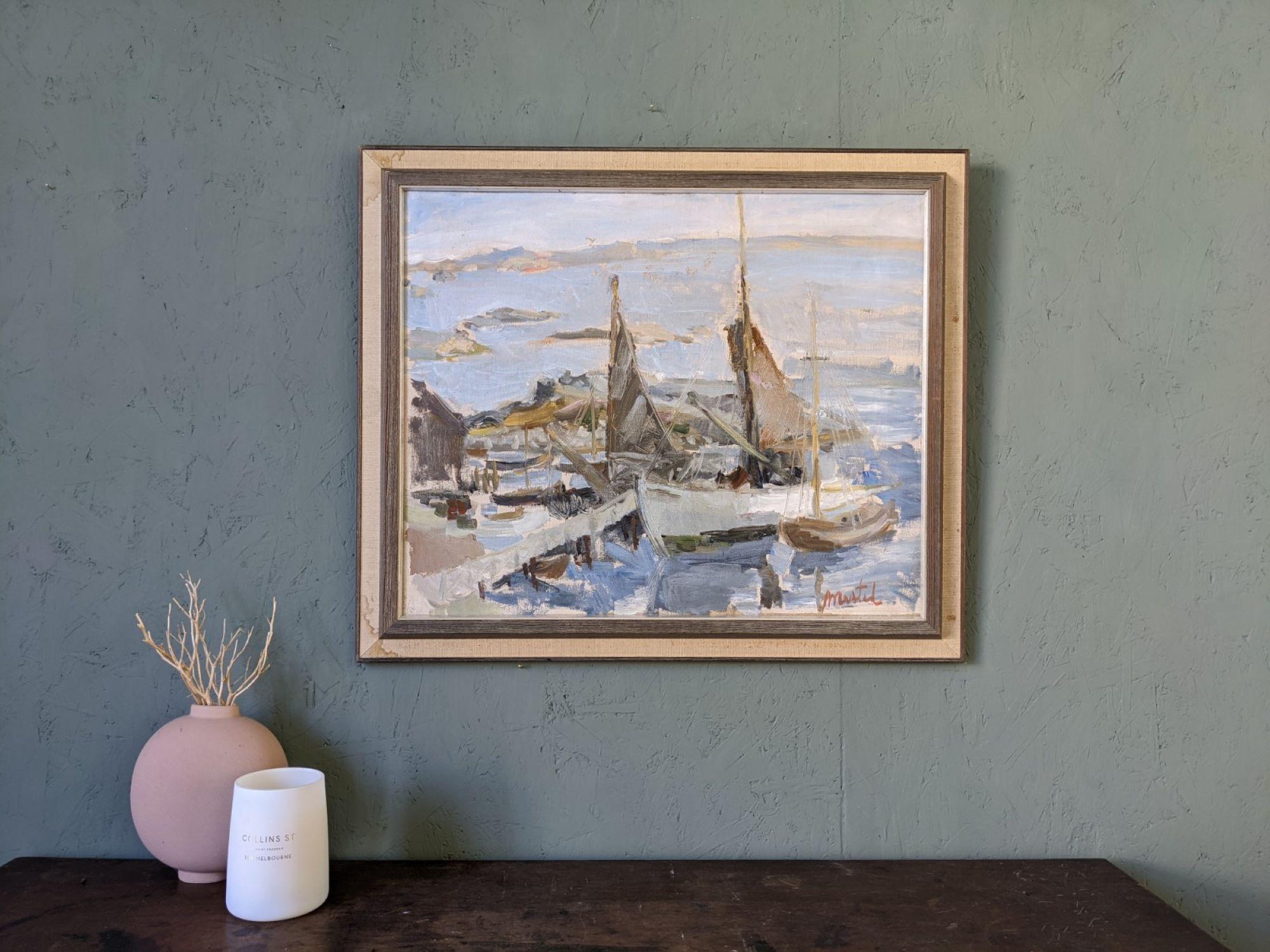 Pittura ad olio svedese vintage di metà secolo - Arcipelago di barche - Painting di Unknown