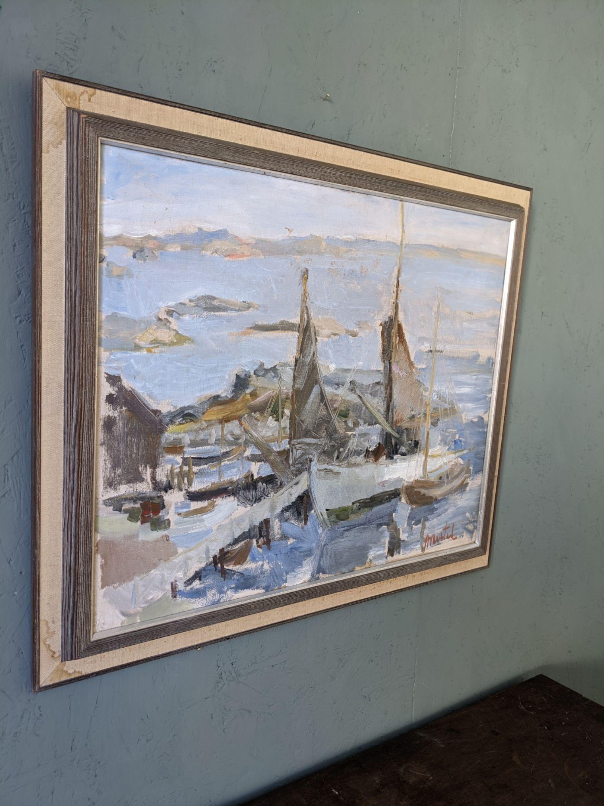 Pittura ad olio svedese vintage di metà secolo - Arcipelago di barche - Painting Moderno di Unknown