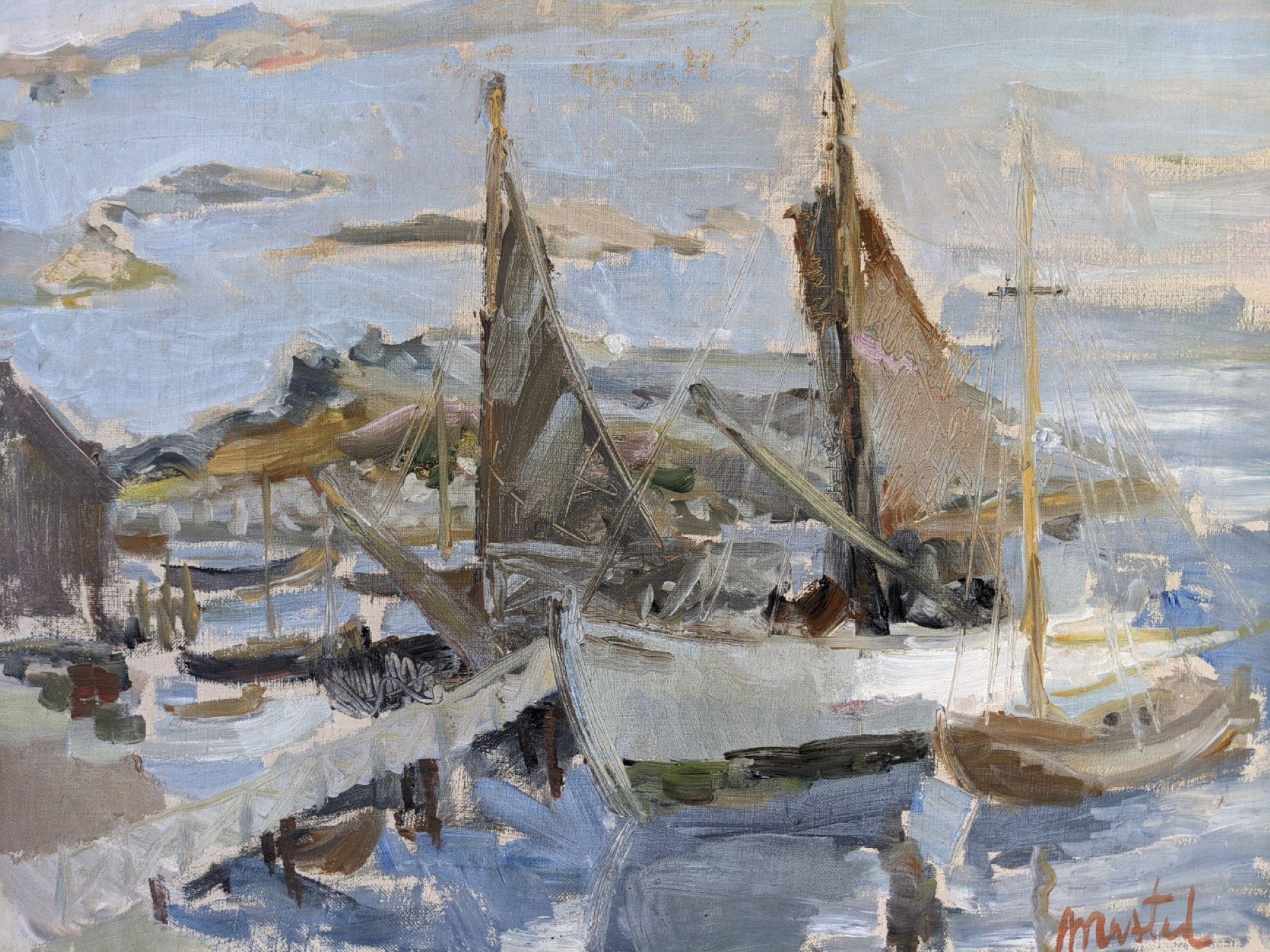 Pittura ad olio svedese vintage di metà secolo - Arcipelago di barche 1