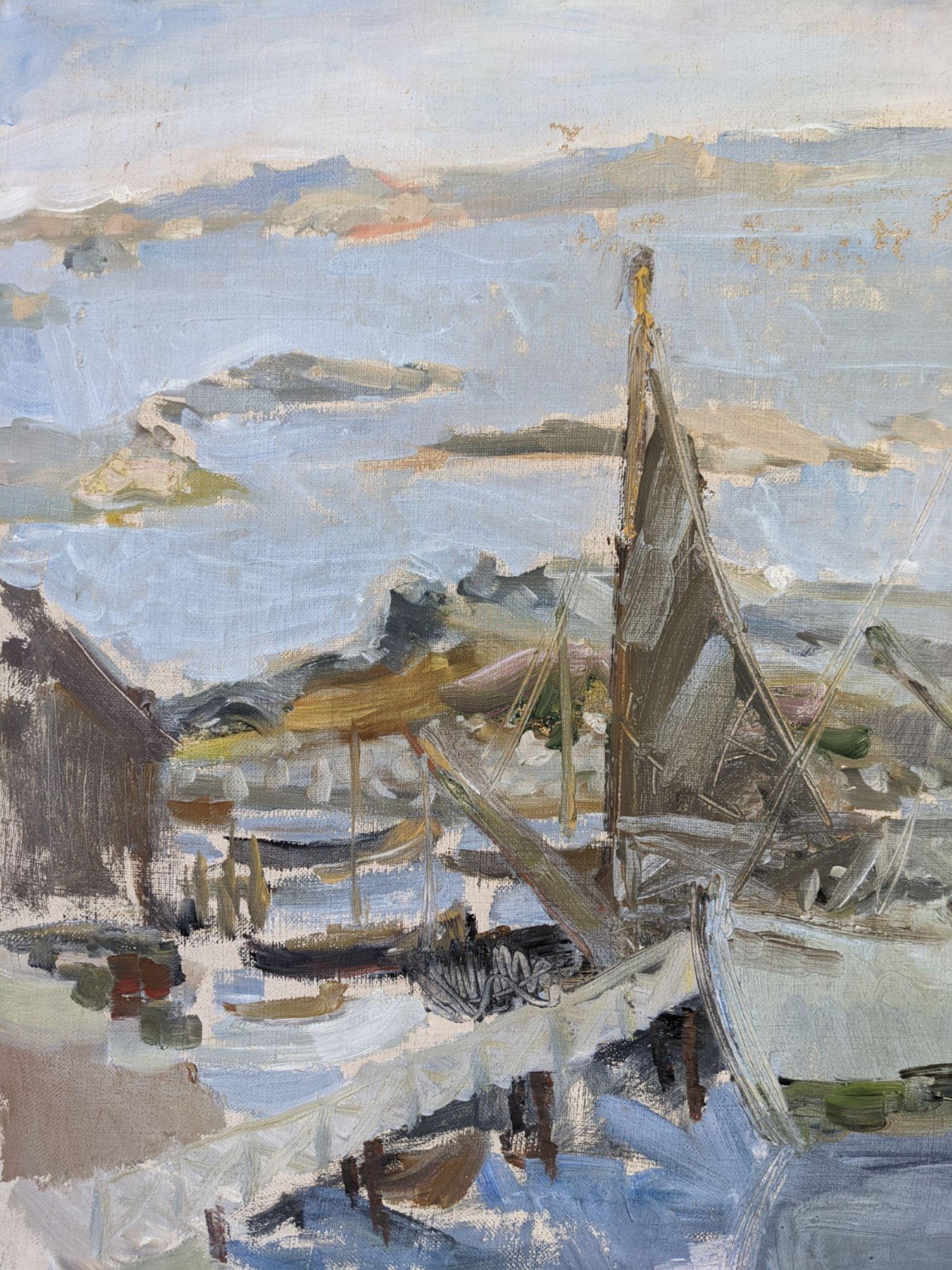 Pittura ad olio svedese vintage di metà secolo - Arcipelago di barche 2