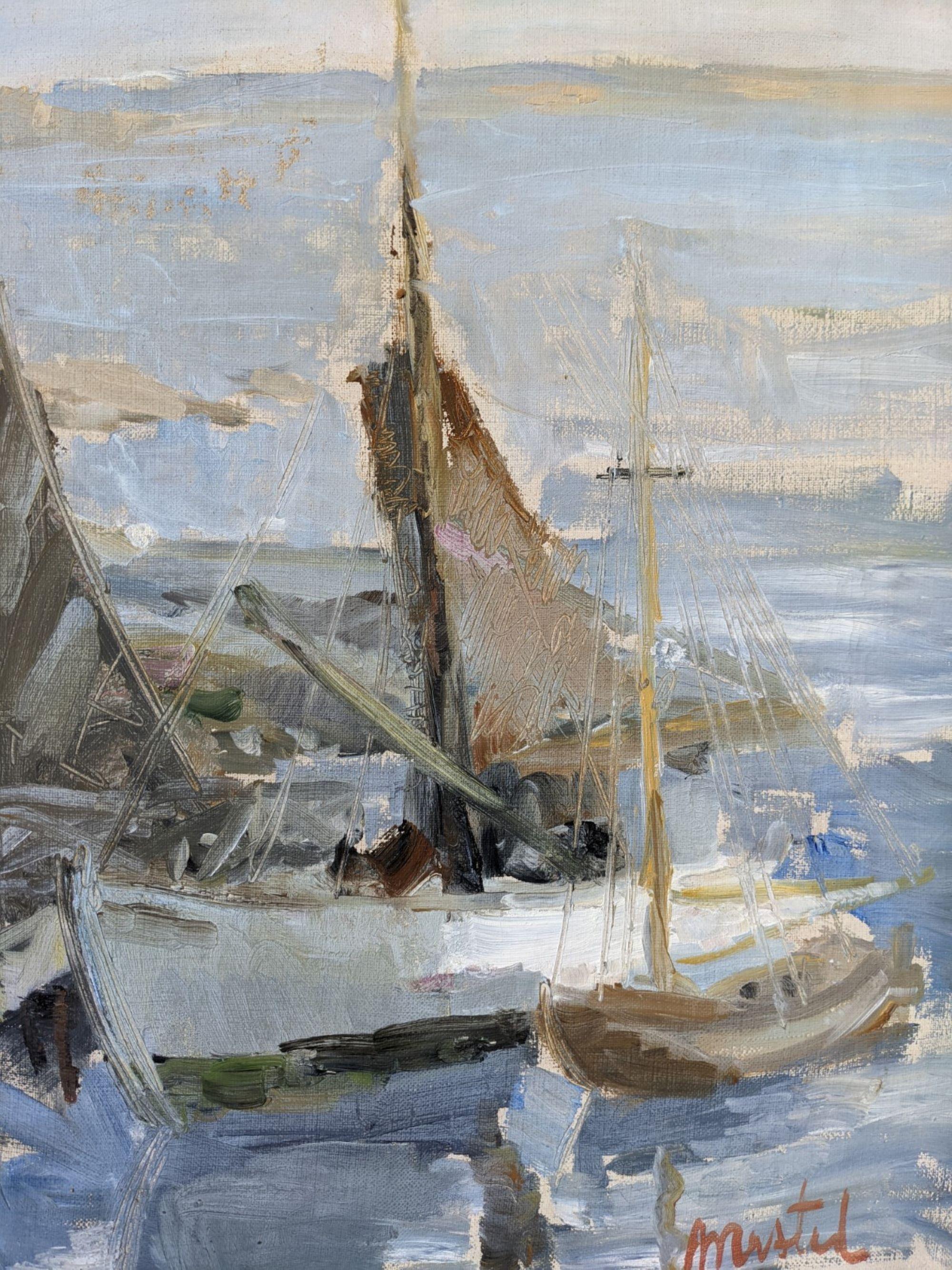 Pittura ad olio svedese vintage di metà secolo - Arcipelago di barche 3