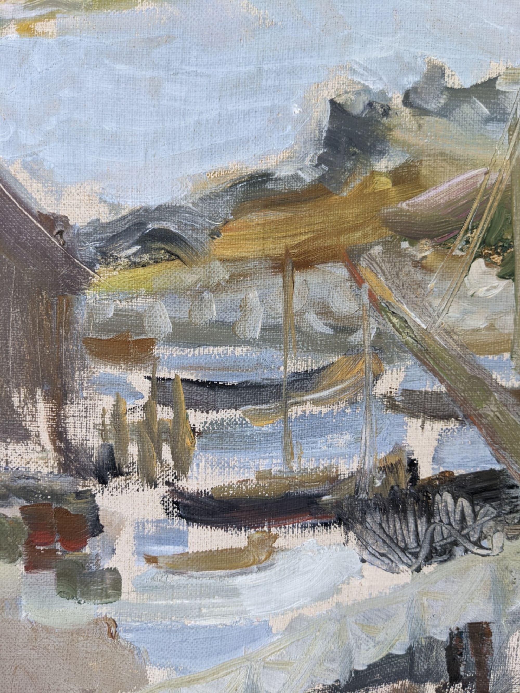 Pittura ad olio svedese vintage di metà secolo - Arcipelago di barche 5