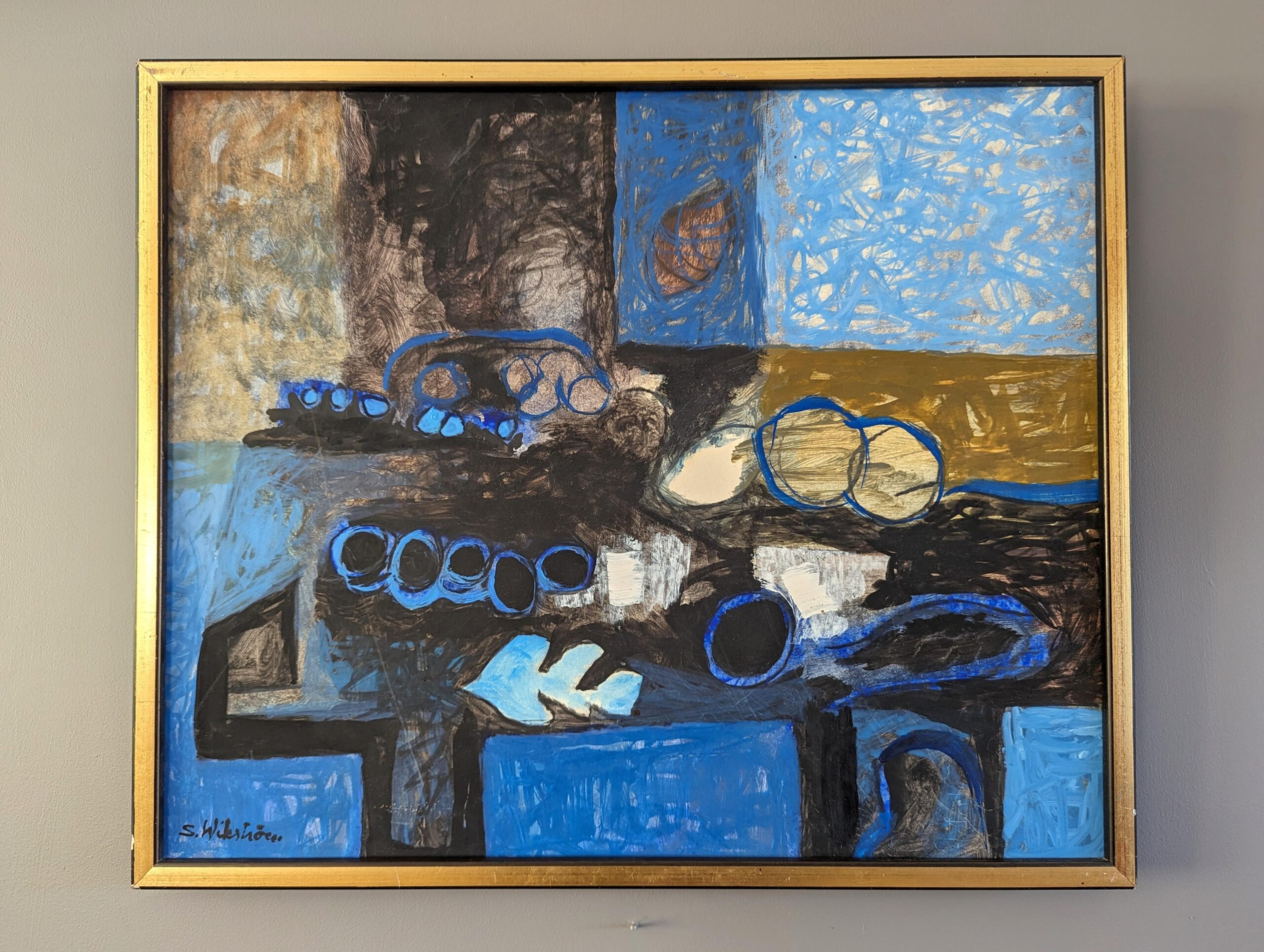 BLUEPRINT
Oil on Board
Size: 40 x 48 cm (including frame)

An expressive and energetic mid-century still life composition, executed in oil onto board.

The painting presents a black table adorned with an eclectic arrangement of objects, whose