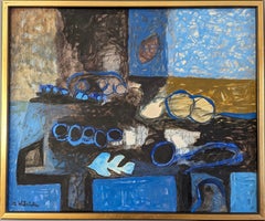 Vintage Mid-Century Modern Swedish Still Life Peinture à l'huile encadrée - Blueprint