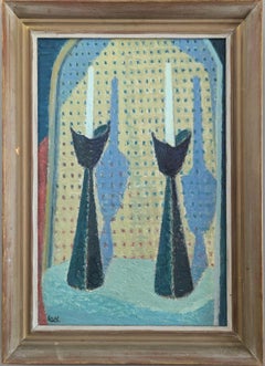 Vintage Mid-Century Modern Swedish Still Life Oil Painting - Candlesticks
