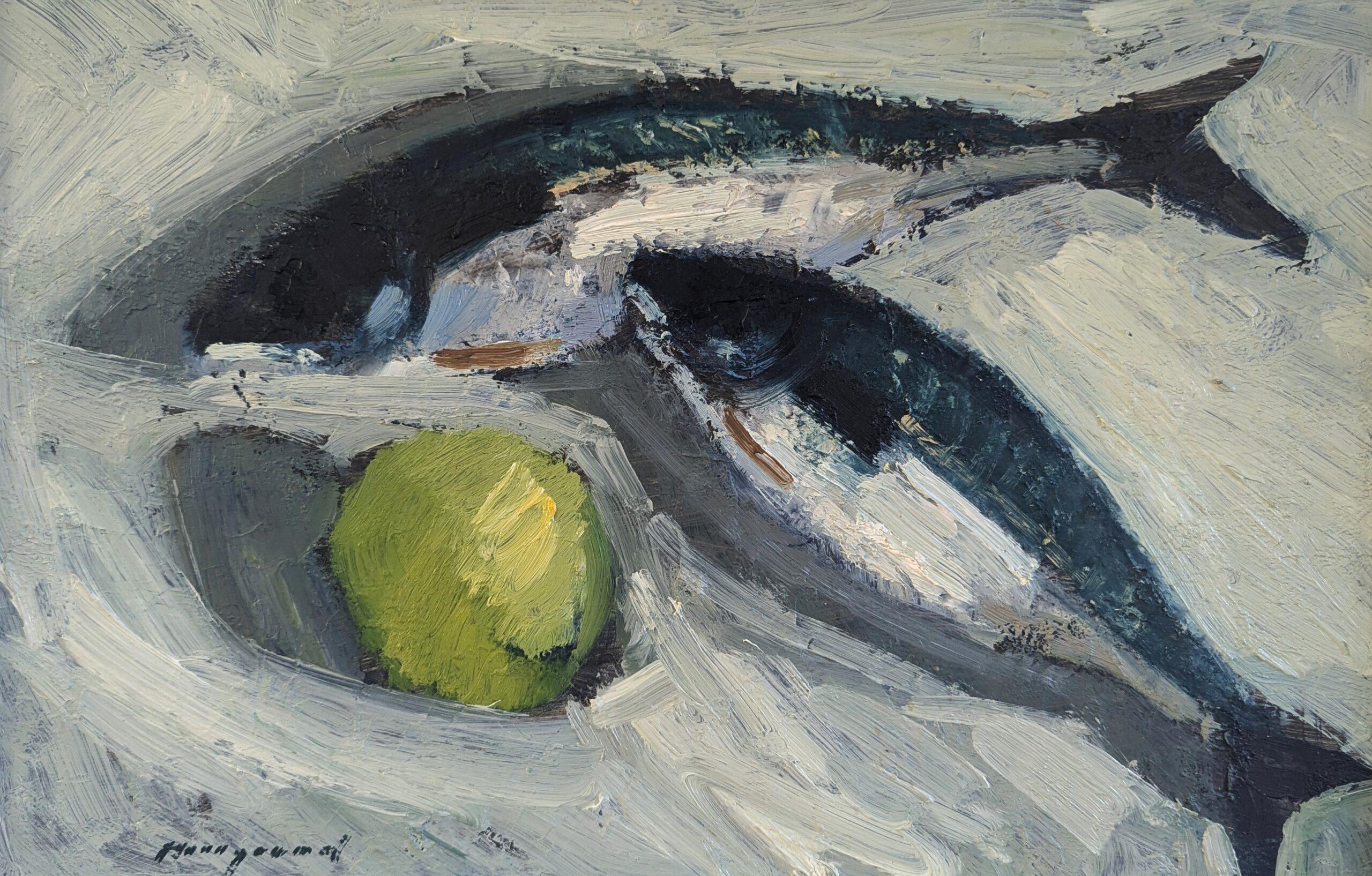 Vintage Mid Century Modern Swedish Still Life Oil Painting - Poisson et pomme en vente 8