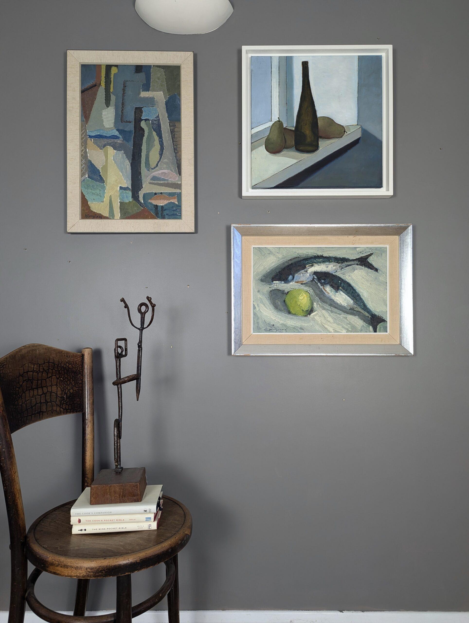 Vintage Mid Century Modern Swedish Still Life Oil Painting - Poisson et pomme en vente 1