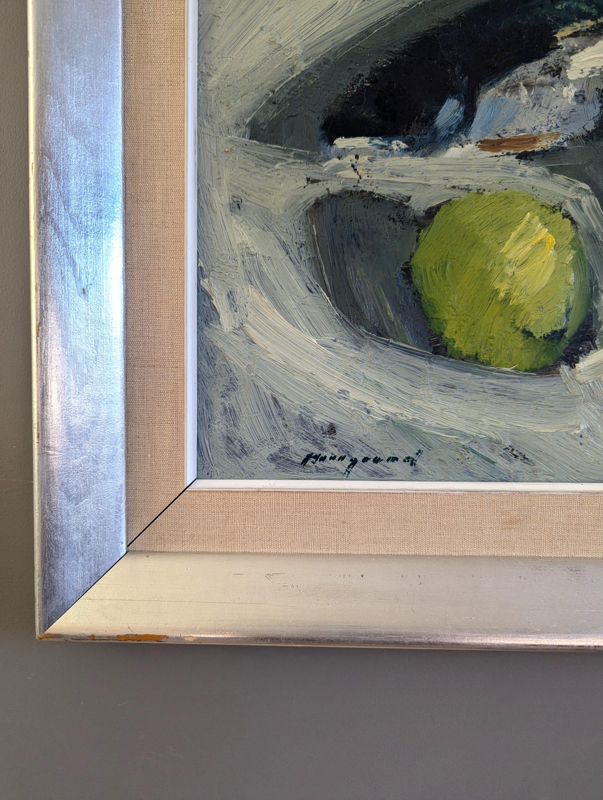 Vintage Mid Century Modern Swedish Still Life Oil Painting - Poisson et pomme en vente 5