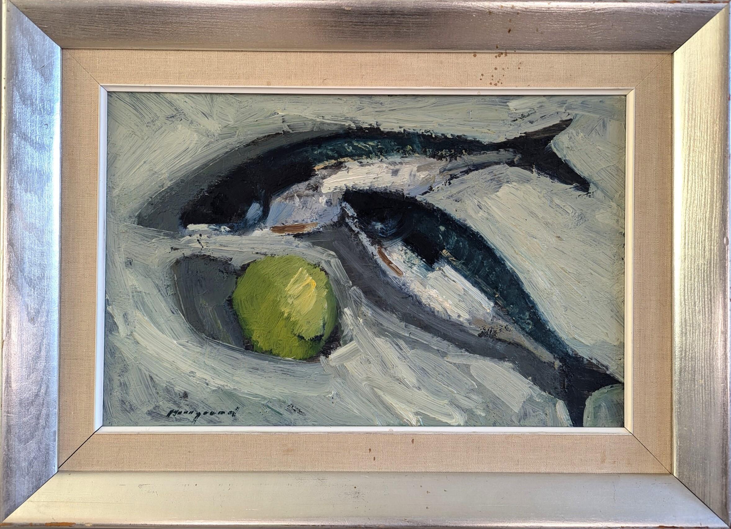 Still-Life Painting Unknown - Vintage Mid Century Modern Swedish Still Life Oil Painting - Poisson et pomme