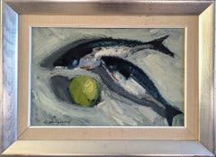 Vintage Mid Century Modern Swedish Still Life Oil Painting - Fish & Apple