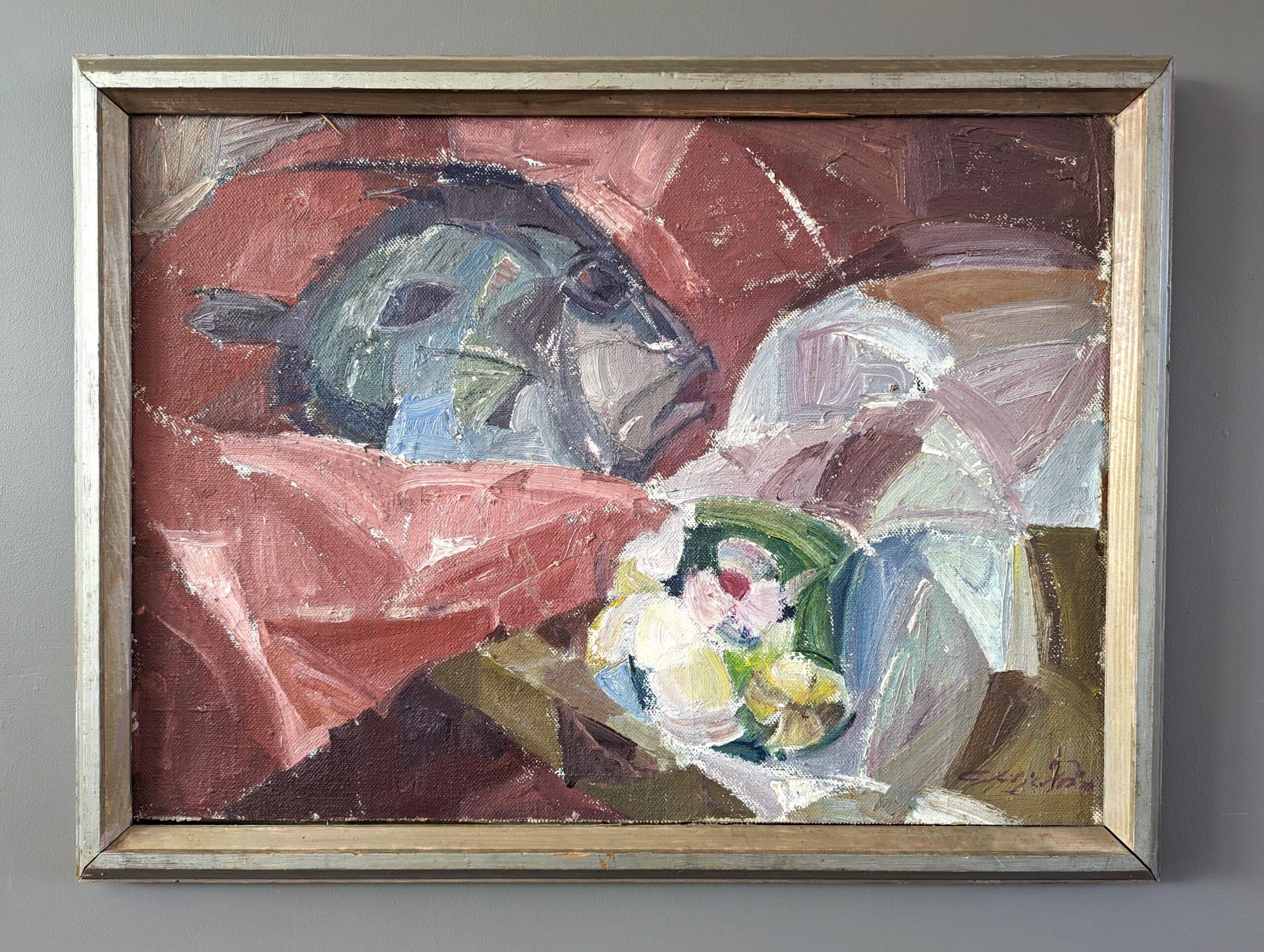 FISH & FLOWERS
Size: 47 x 62 cm (including frame)
Oil on Canvas Laid onto Board

A characterful mid-century modernist style still life oil composition, painted onto canvas.

At the heart of the painting lies a table setting adorned with a striking