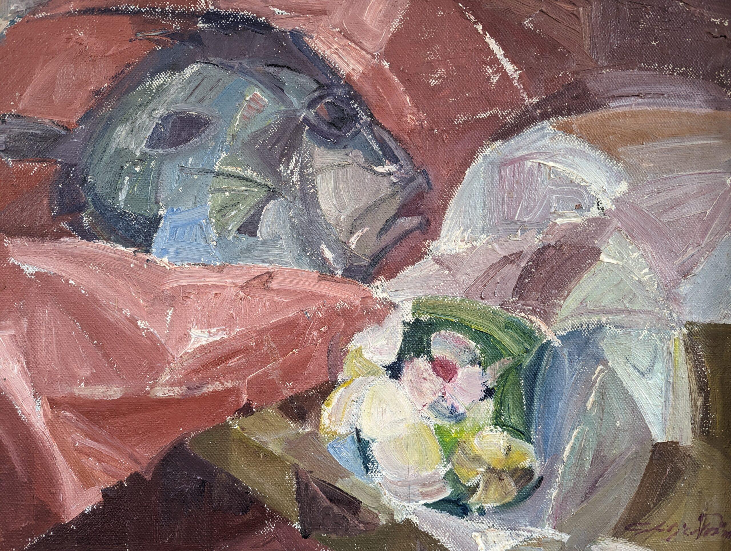 Peinture à l'huile de nature morte suédoise vintage de la Modernité du milieu du siècle - Poissons et fleurs - Moderne Painting par Unknown