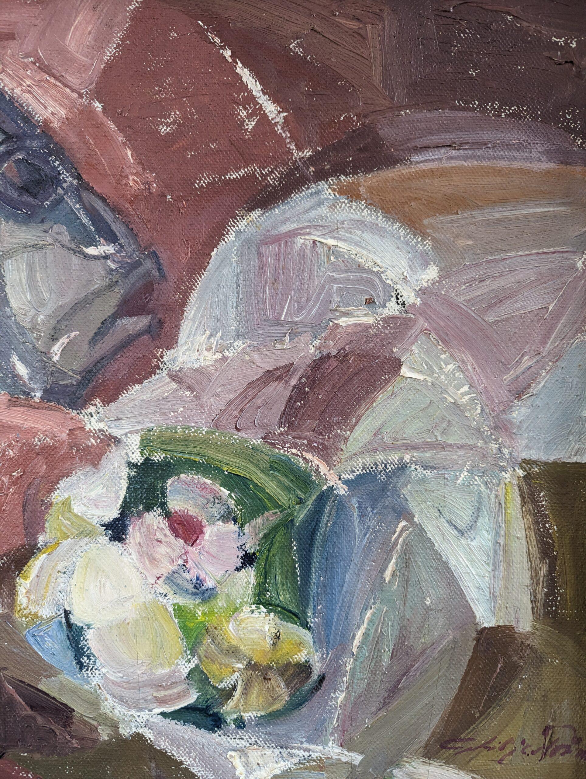 Peinture à l'huile de nature morte suédoise vintage de la Modernité du milieu du siècle - Poissons et fleurs en vente 1