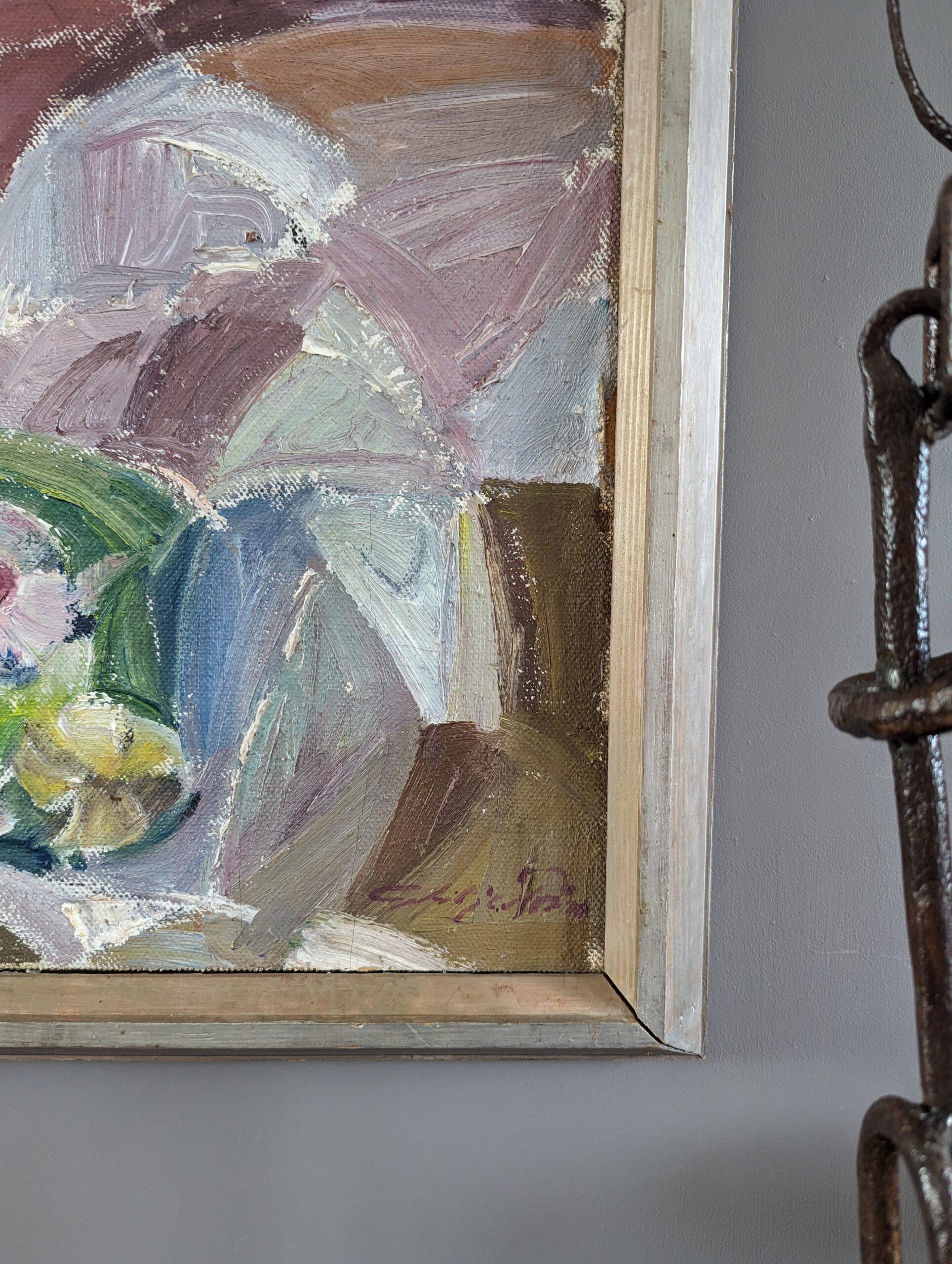Peinture à l'huile de nature morte suédoise vintage de la Modernité du milieu du siècle - Poissons et fleurs en vente 4