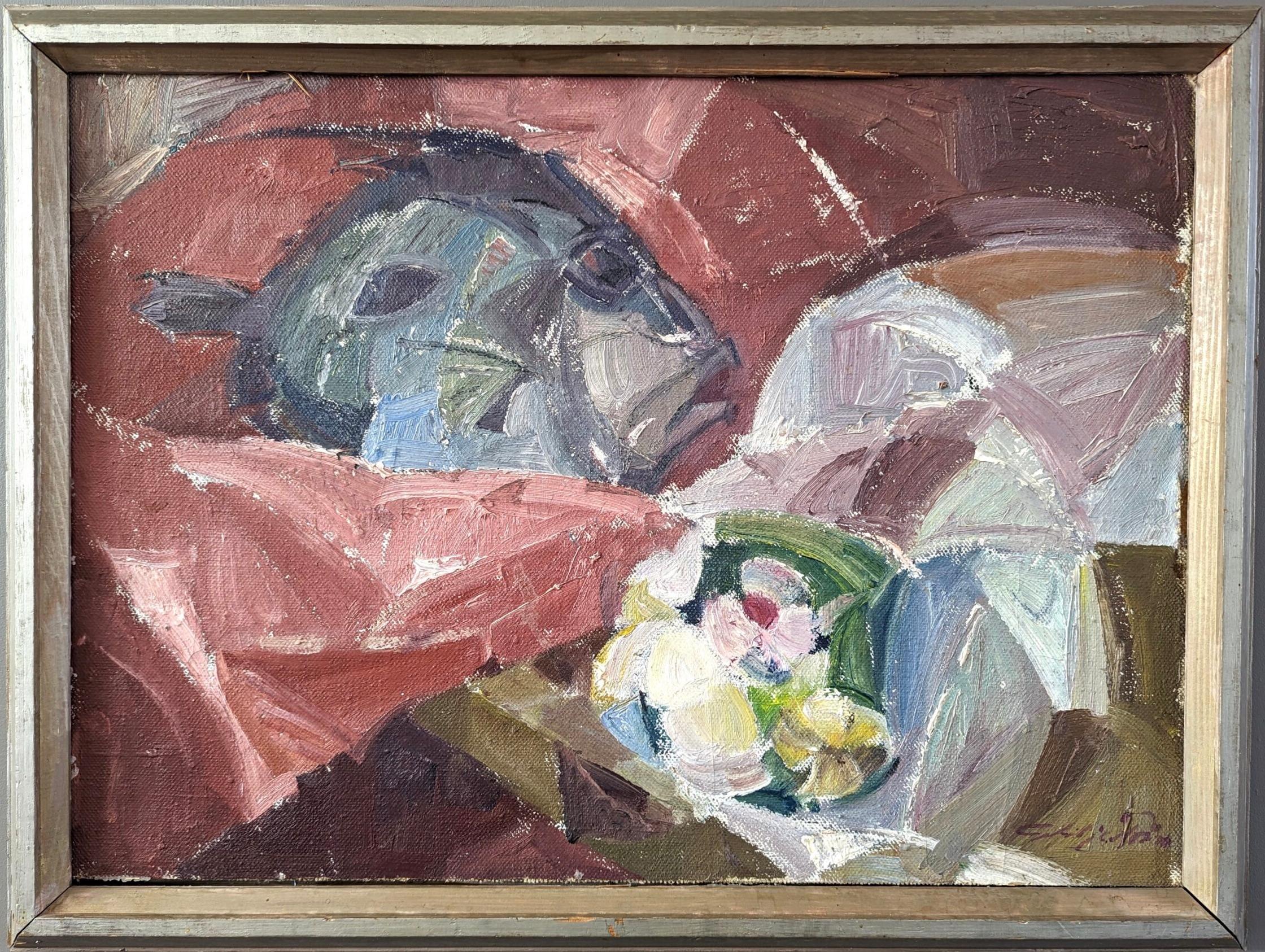 Still-Life Painting Unknown - Peinture à l'huile de nature morte suédoise vintage de la Modernité du milieu du siècle - Poissons et fleurs