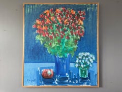 Vintage Mid-Century Modern Swedish Still Life Oil Painting - Floral by Blue