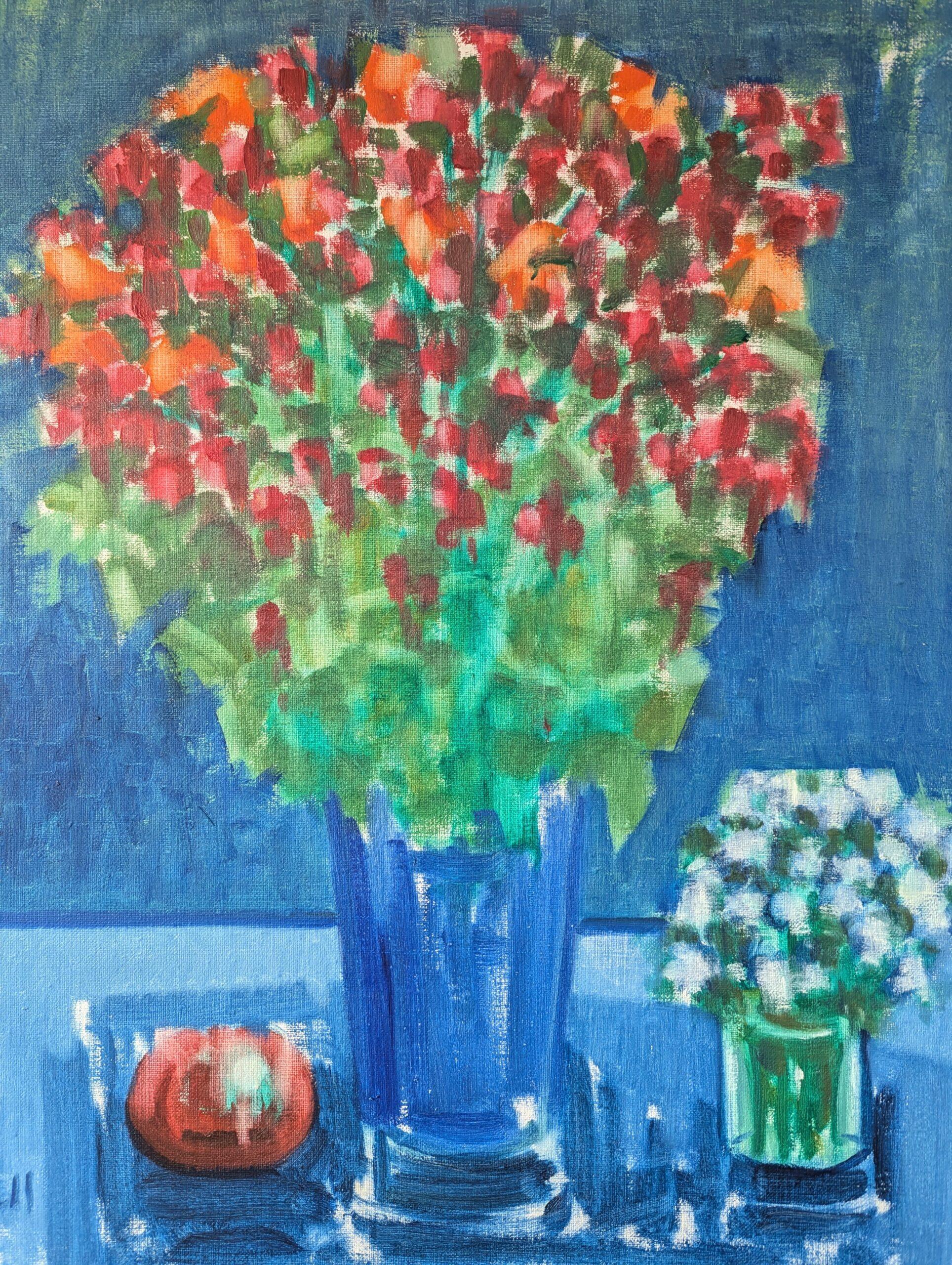 Pittura ad olio d'epoca con natura morta svedese della metà del secolo scorso - Floreale by Blue in vendita 4