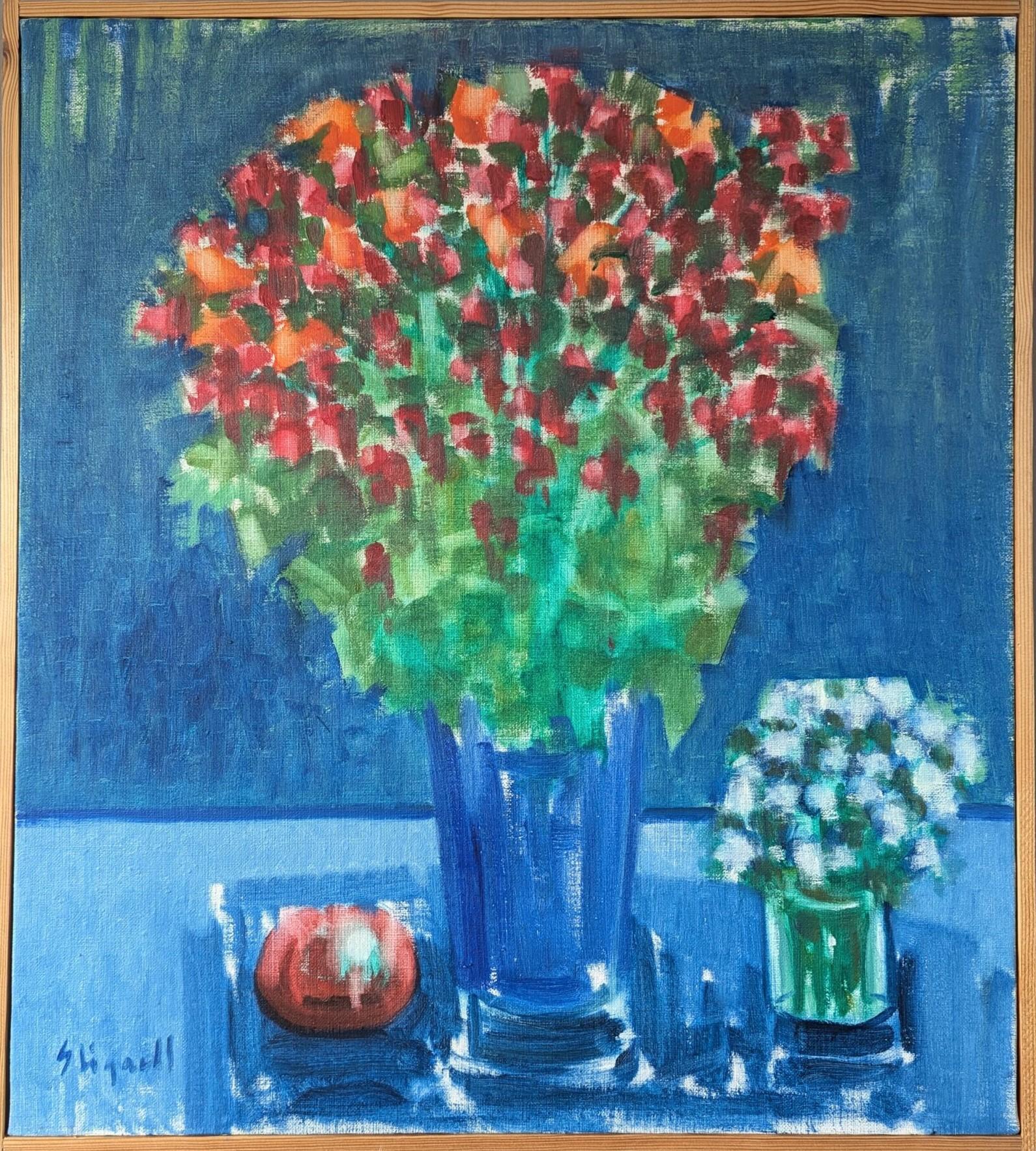 Vintage Mid-Century Modernity Swedish Still Life Oil Painting - Floral by Blue