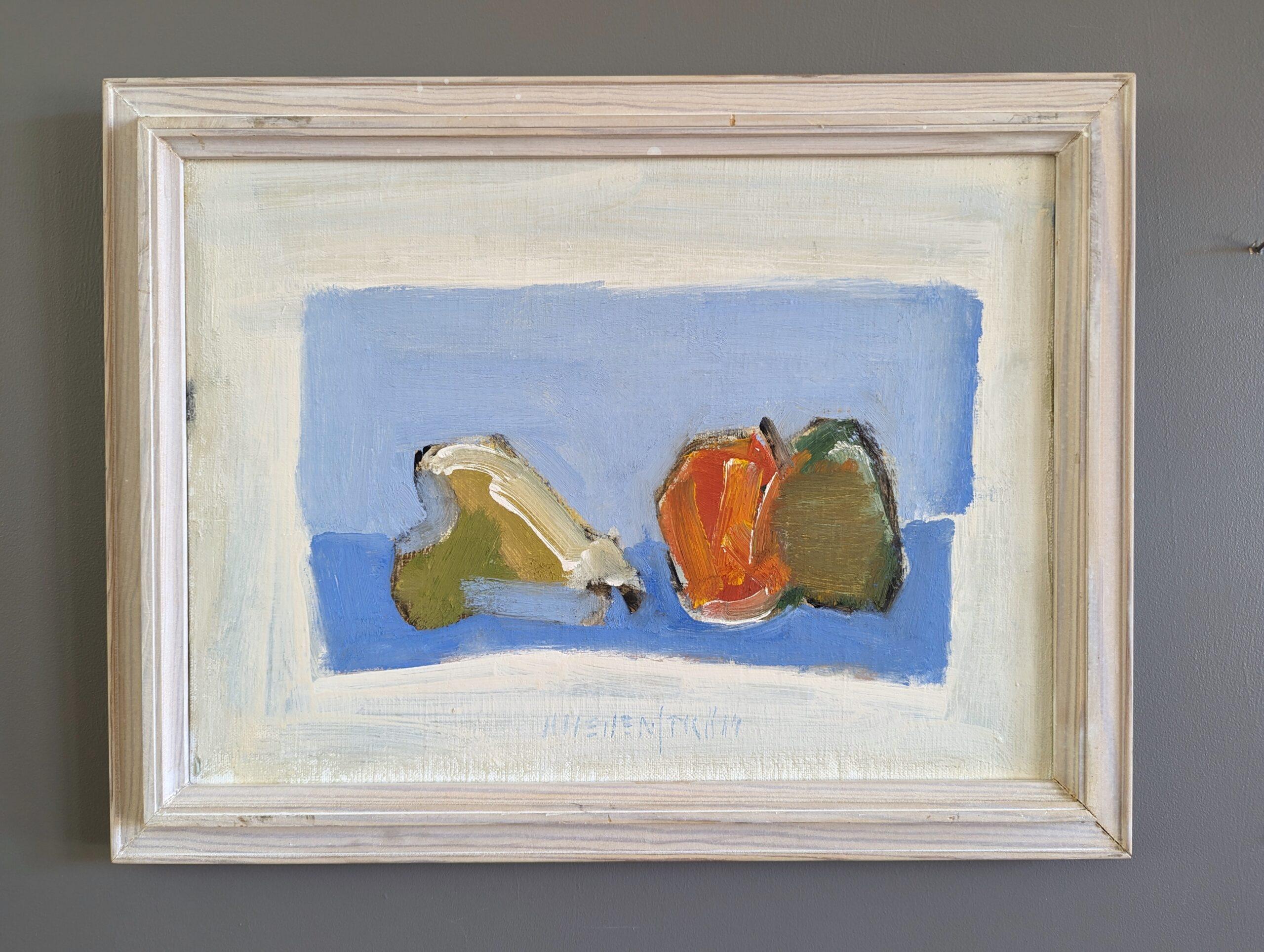 FRUIT FRAME
Size: 30 x 39 cm (including frame)
Oil on Canvas

A captivating semi-abstract still life composition with a minimalist vibe, executed in oil onto canvas.

Against a backdrop of soothing grey, a block of tranquil blue provides contrast,