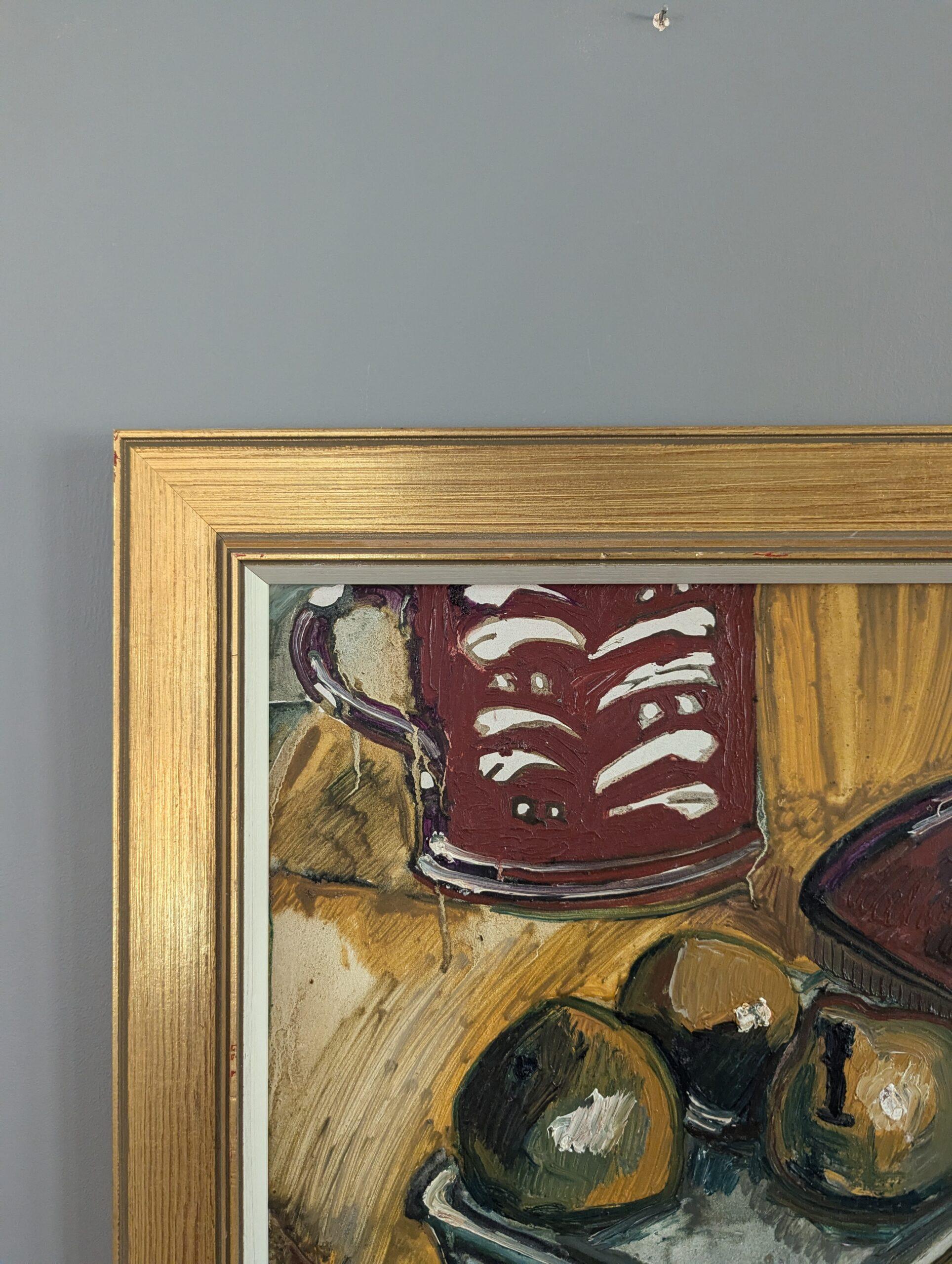 Vintage Mid-Century Modernity Swedish Still Life Oil Painting - Fruit & Red Mug en vente 2
