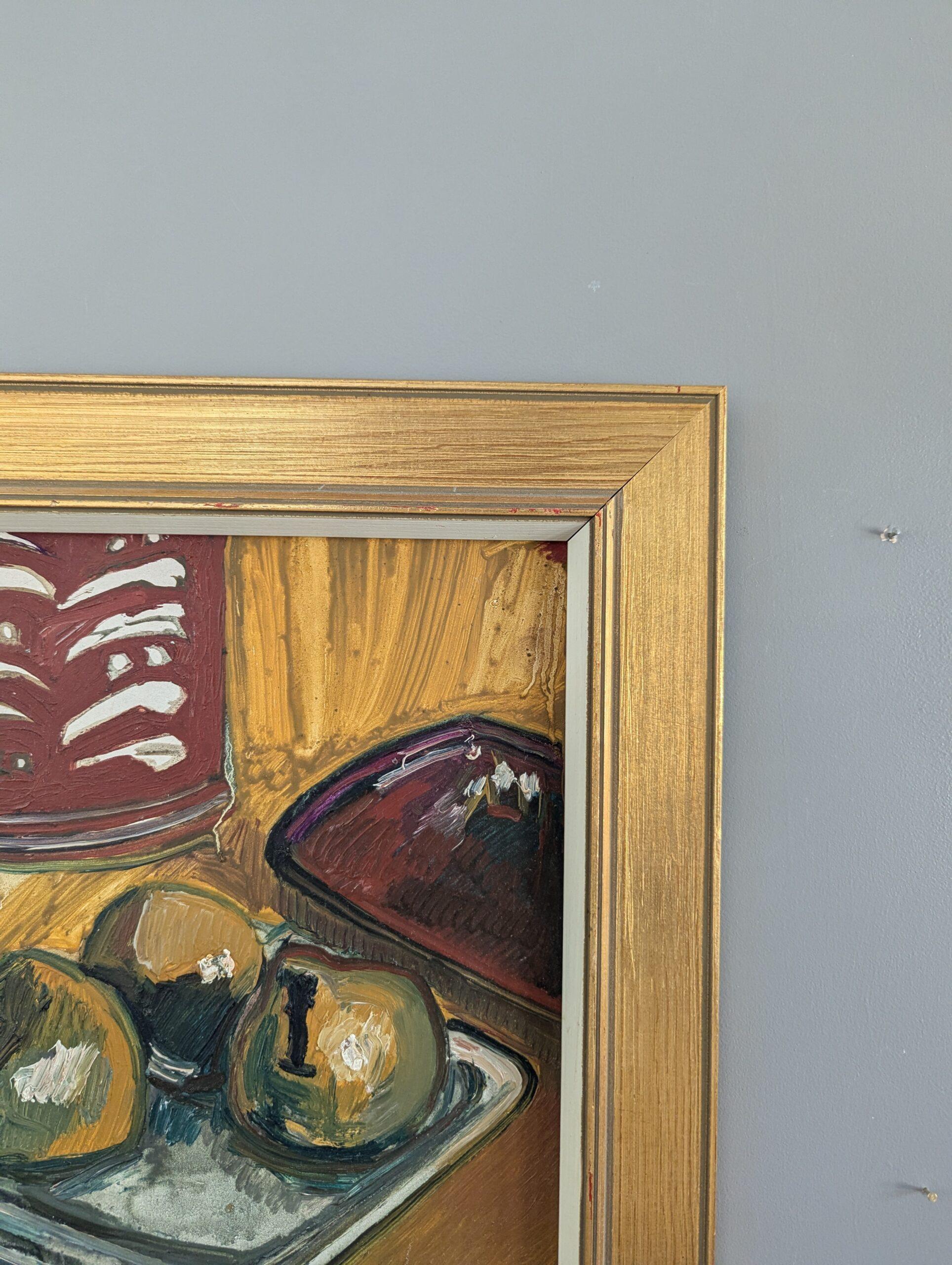 Vintage Mid-Century Modernity Swedish Still Life Oil Painting - Fruit & Red Mug en vente 3