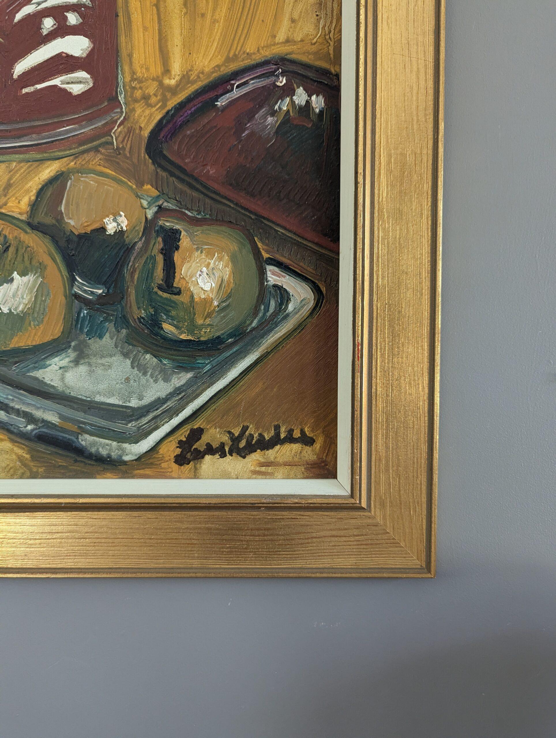 Vintage Mid-Century Modernity Swedish Still Life Oil Painting - Fruit & Red Mug en vente 4