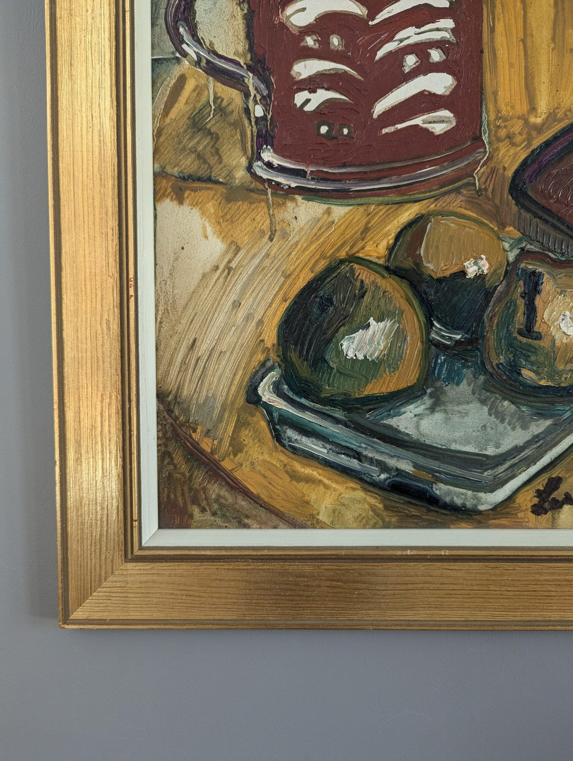 Vintage Mid-Century Modernity Swedish Still Life Oil Painting - Fruit & Red Mug en vente 5