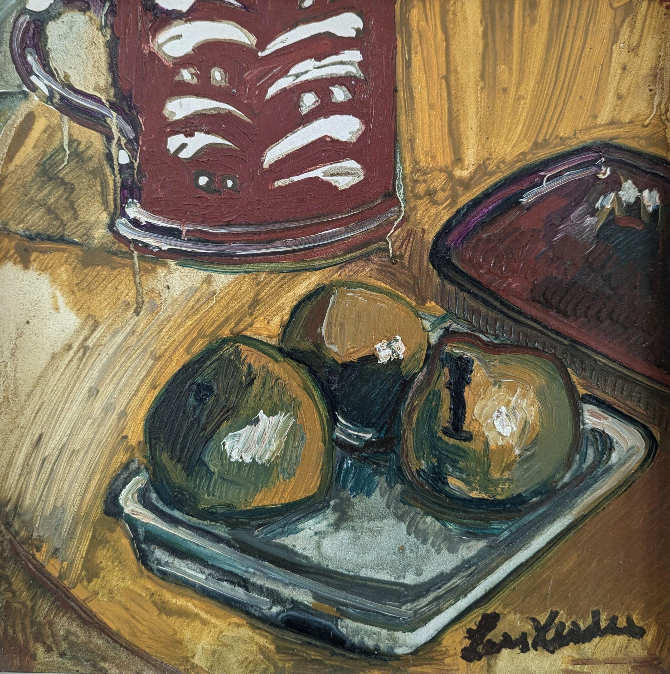 Vintage Mid-Century Modernity Swedish Still Life Oil Painting - Fruit & Red Mug en vente 6