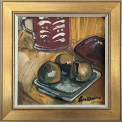 Schwedisches Stillleben, Vintage, Ölgemälde, Mid-Century Modern, Vintage, Obst- und Rotbecher, Mid-Century Modern