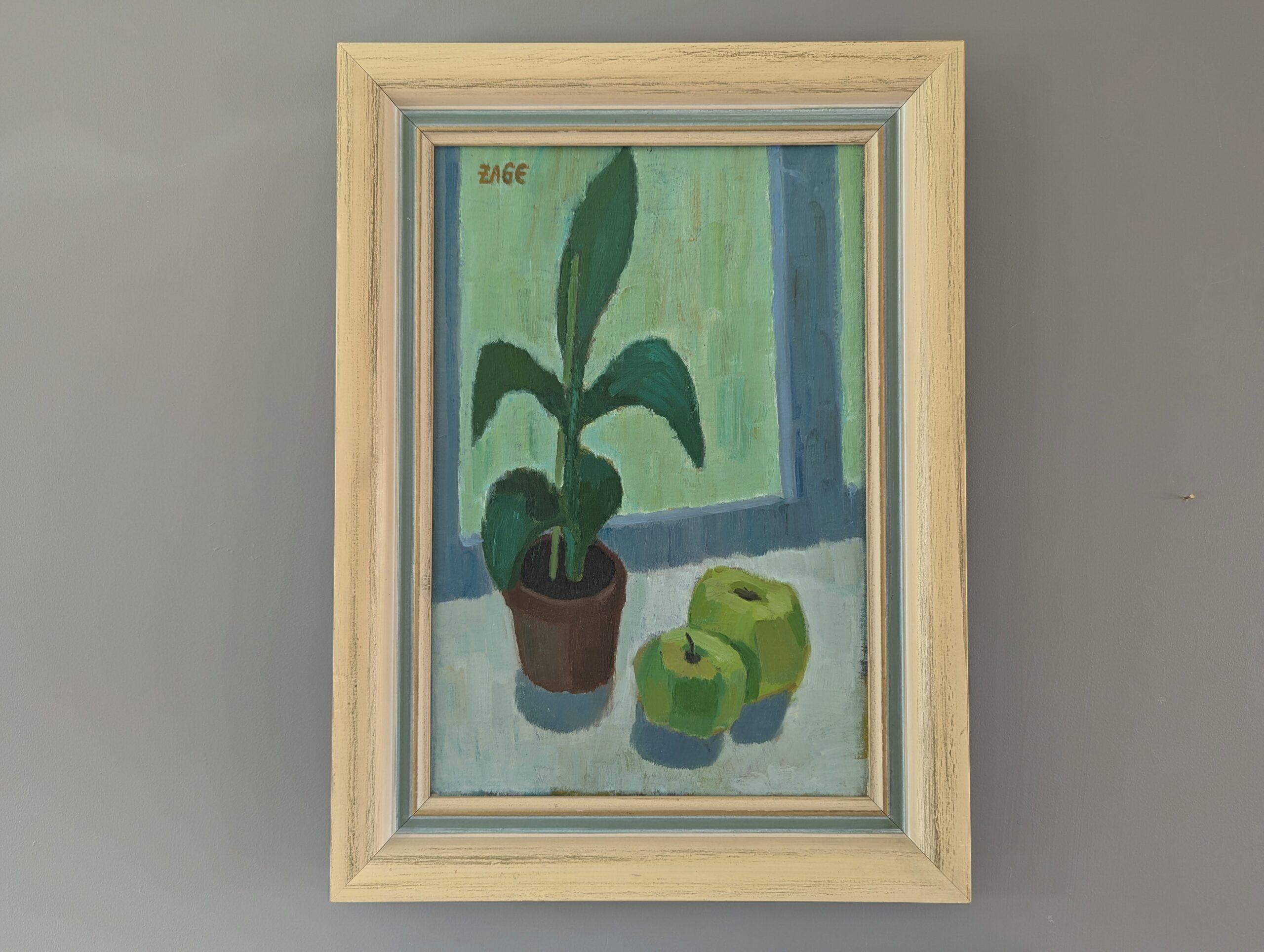 Bodegón al óleo sueco vintage de mediados de siglo - Maceta y manzanas - Painting de Unknown