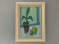 Vintage Mid-Century Modern Swedish Still Life Oil Painting - Plant Pot & Apples